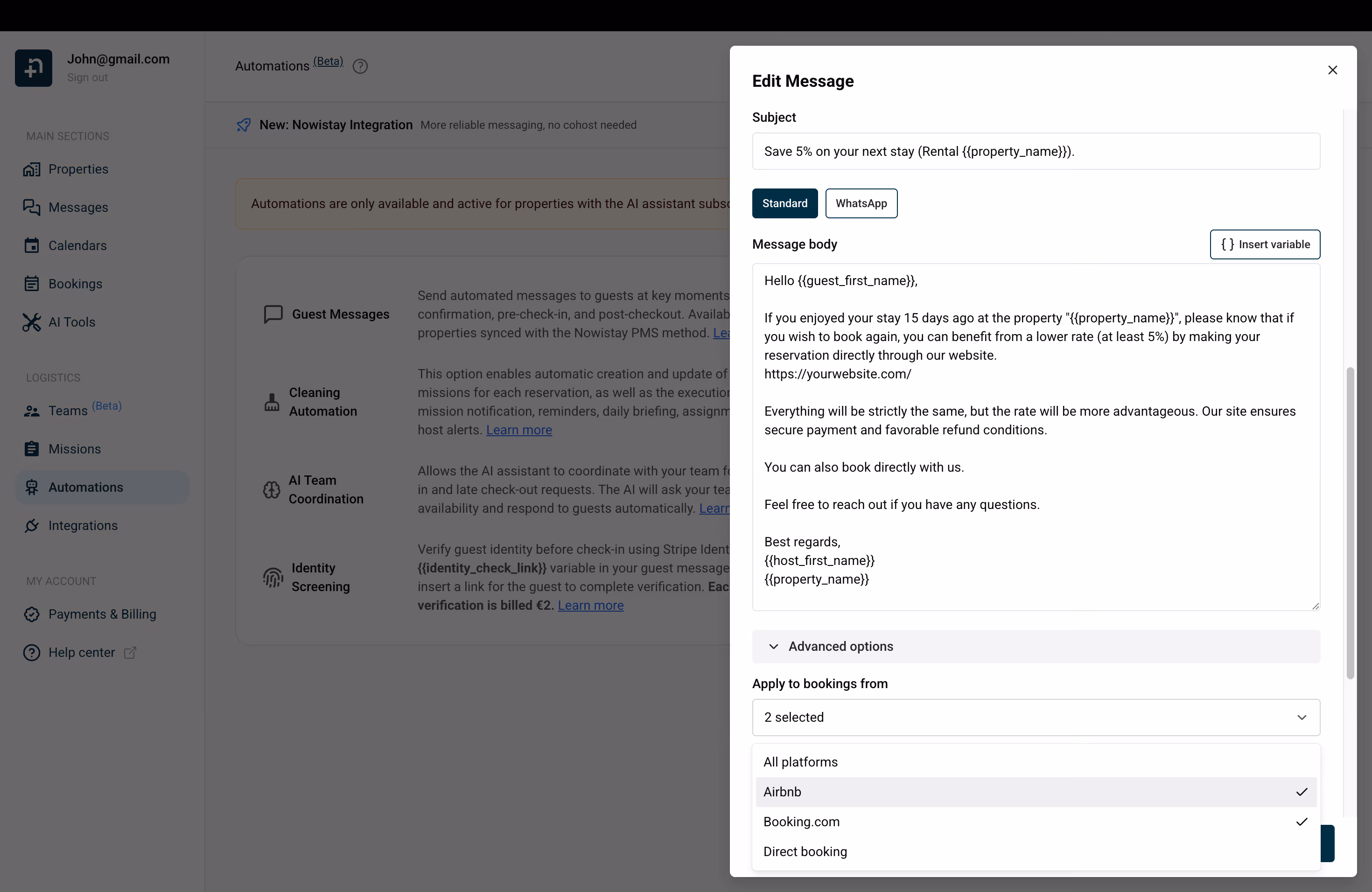 Message template with personalization variables and platform filter set to Airbnb and Booking.com