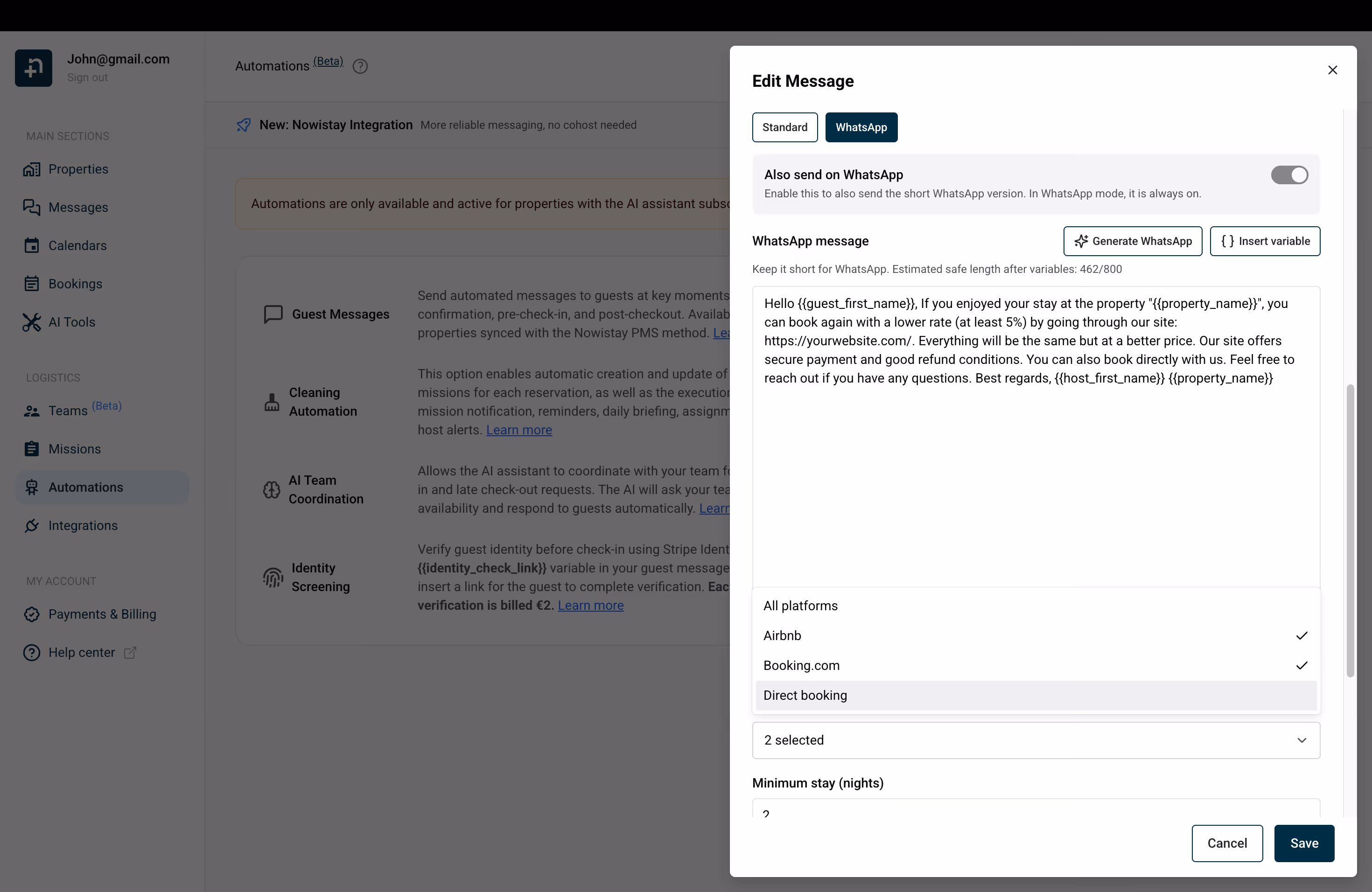 WhatsApp message tab with AI-generated short message and platform filter options