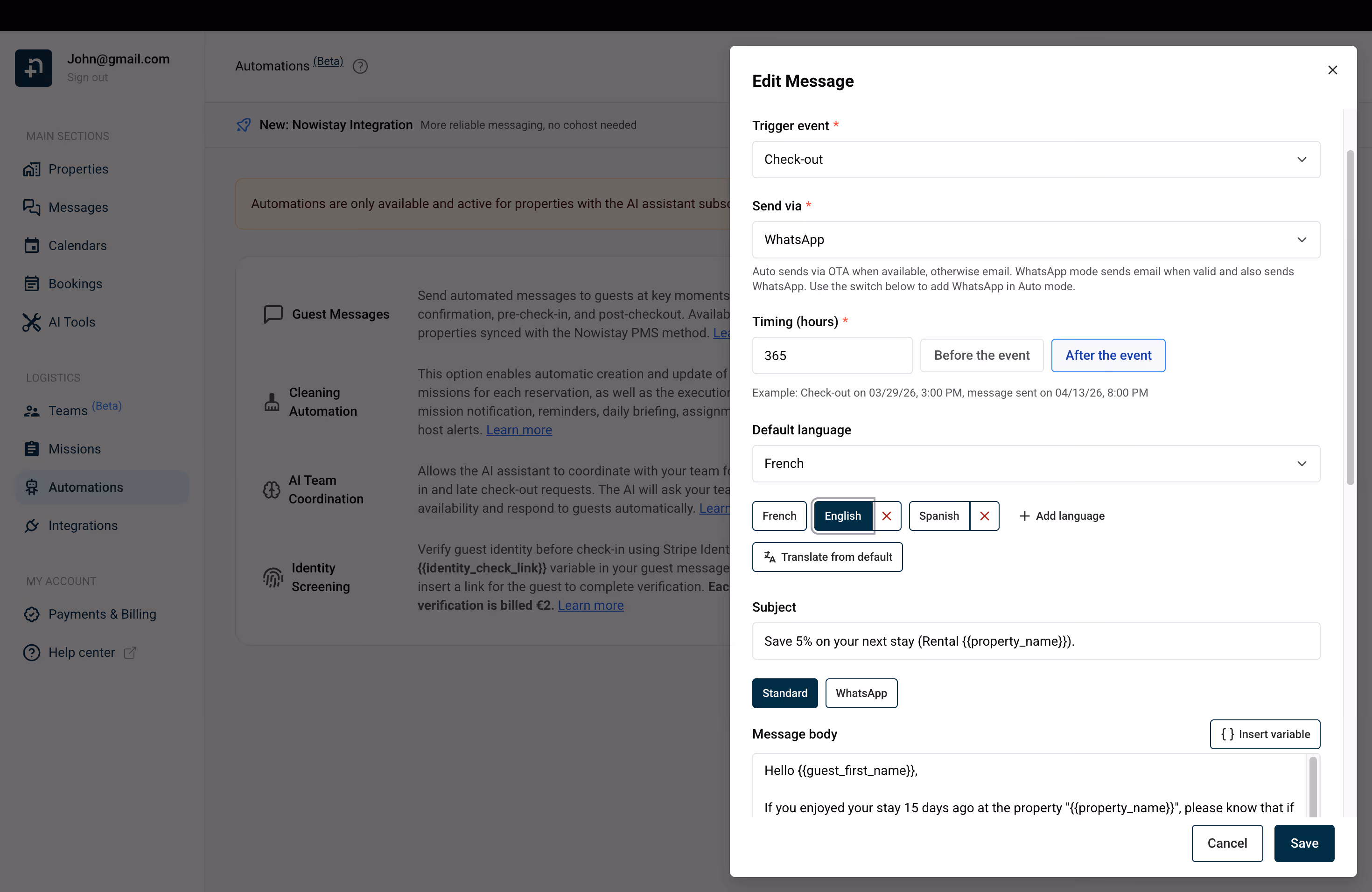 Scheduled message setup with checkout trigger, WhatsApp channel, 365-hour delay and multi-language support