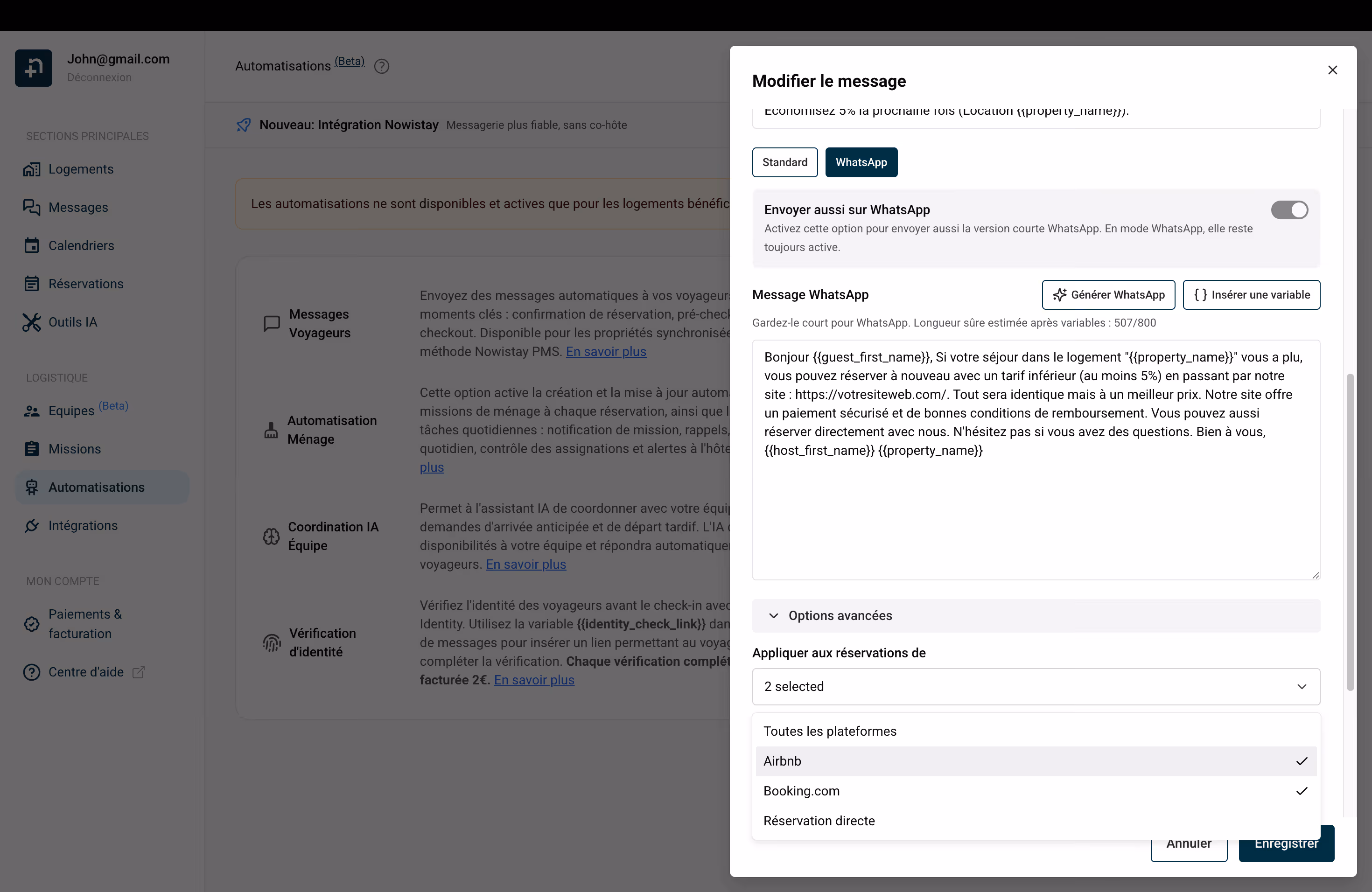 Onglet WhatsApp avec message généré par IA
