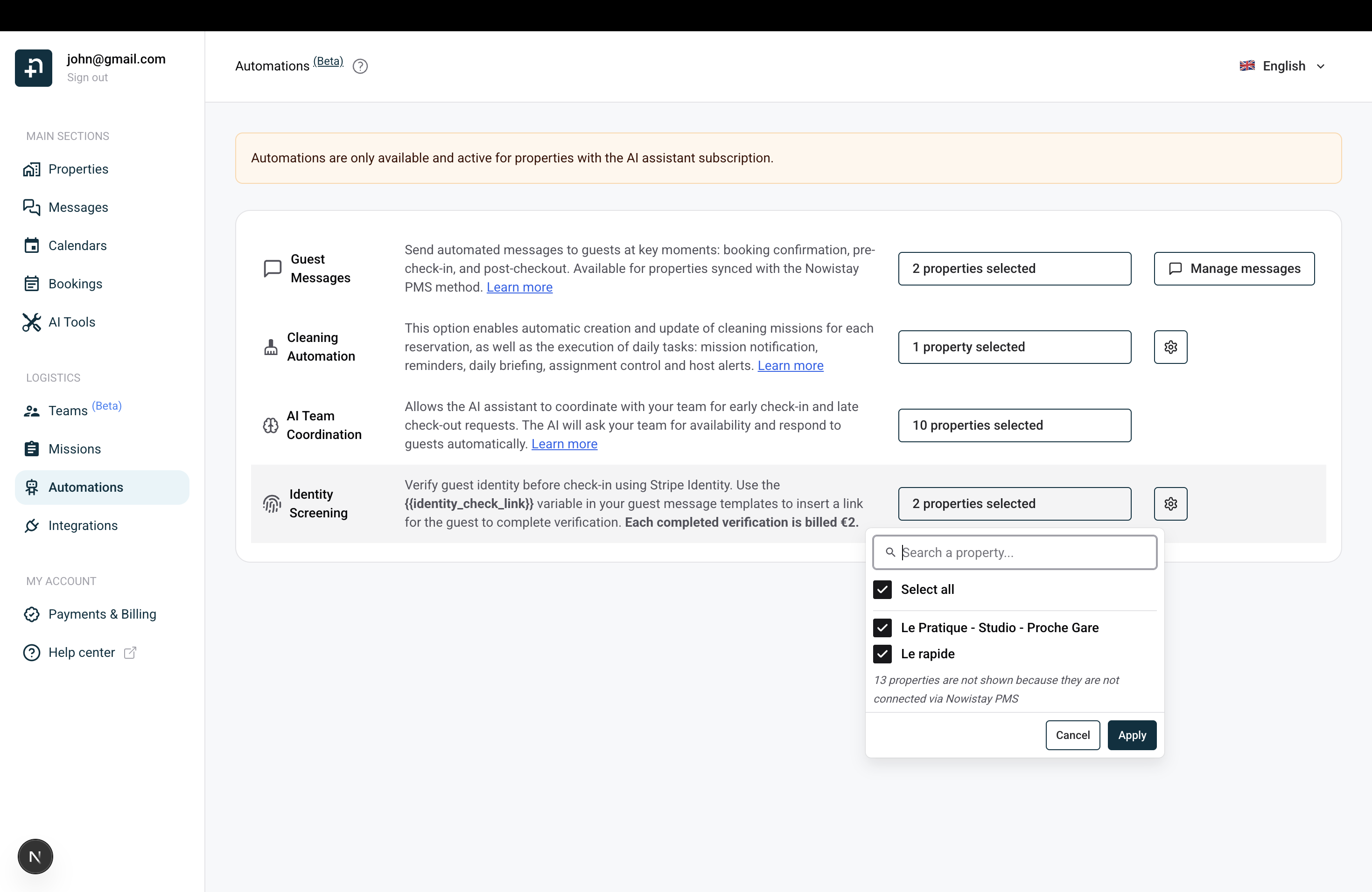 Configuration de la vérification d’identité dans Nowistay