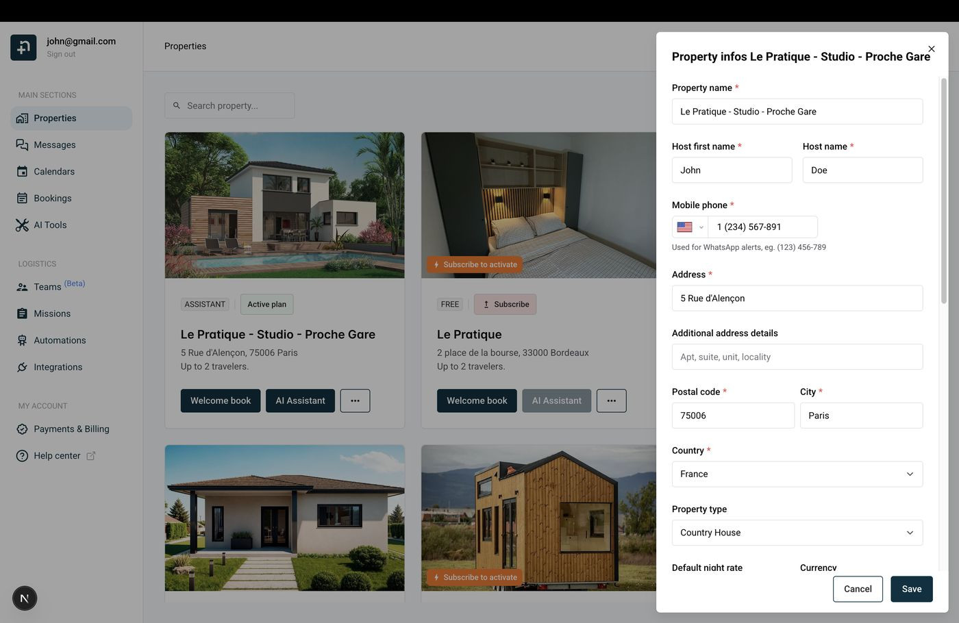 Property infos dialog showing name, host details, phone, address and property type fields