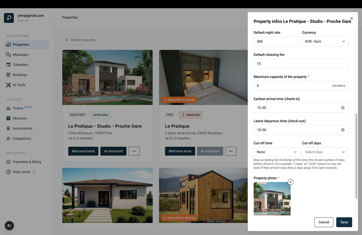 Property infos dialog showing default rate, cleaning fee, capacity, check-in and check-out times and cut-off settings