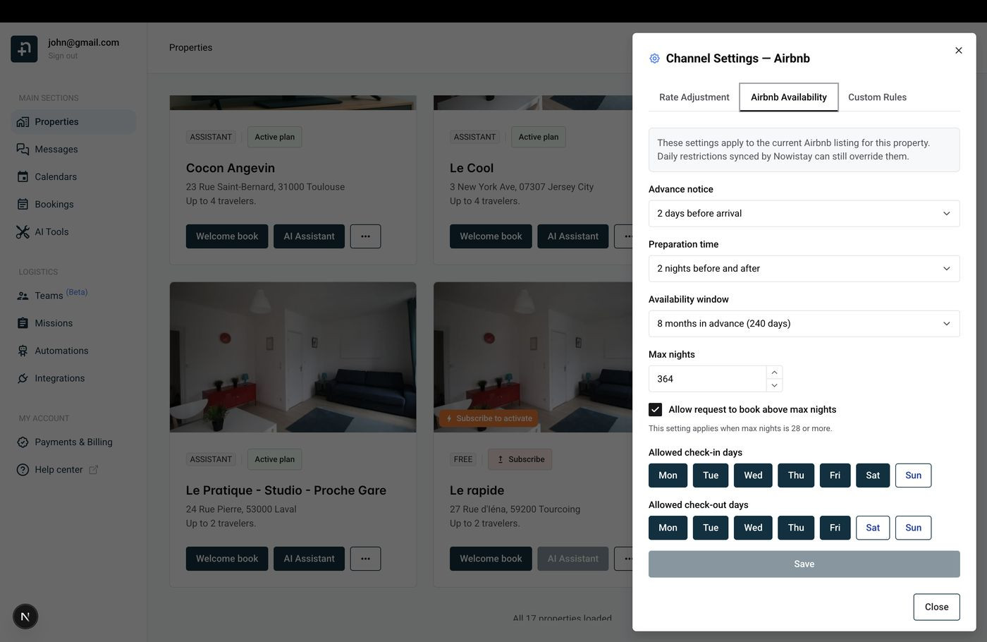 Channel Settings dialog showing the Airbnb Availability tab with all availability options