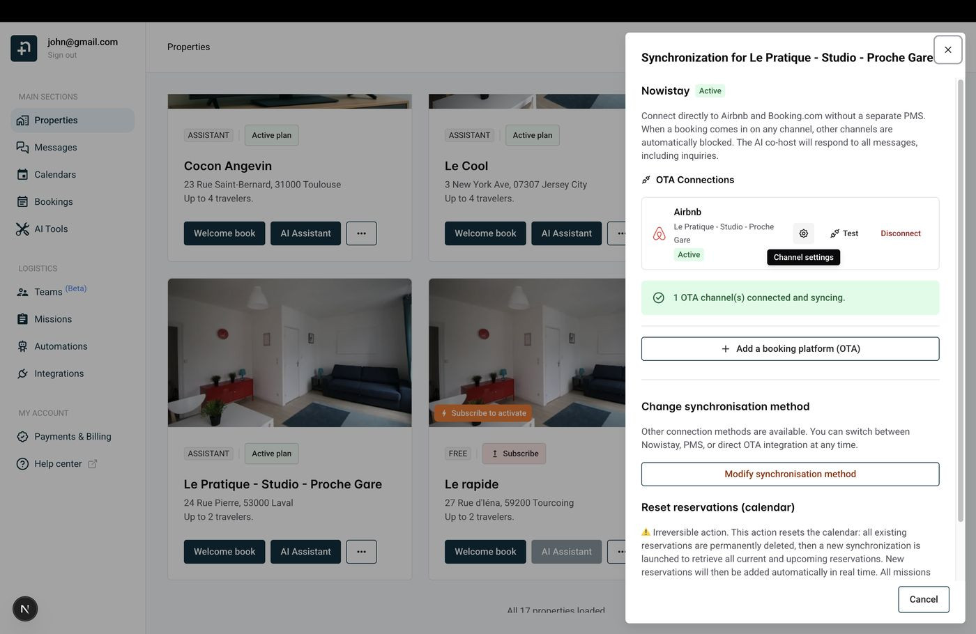 Synchronization drawer showing the Airbnb channel with Channel settings button
