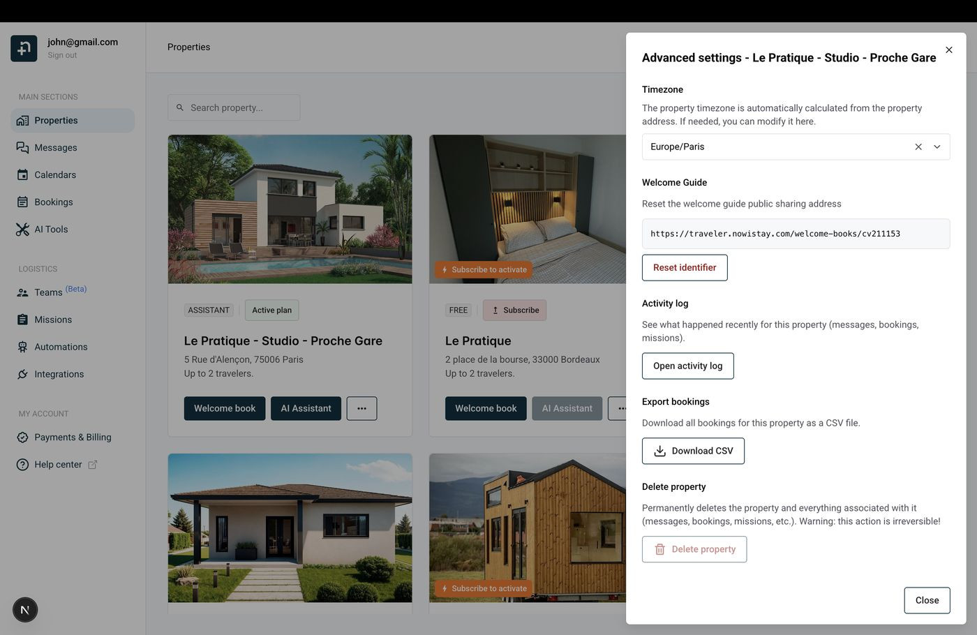 Advanced settings dialog showing the Export bookings section with Download CSV button
