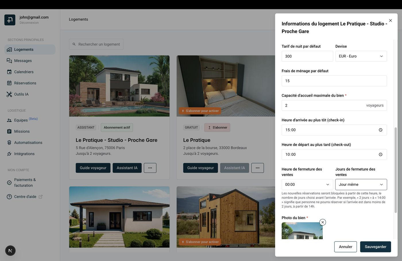 Formulaire d'informations montrant le tarif par défaut, les frais de ménage, la capacité, les horaires et les paramètres de fermeture des ventes