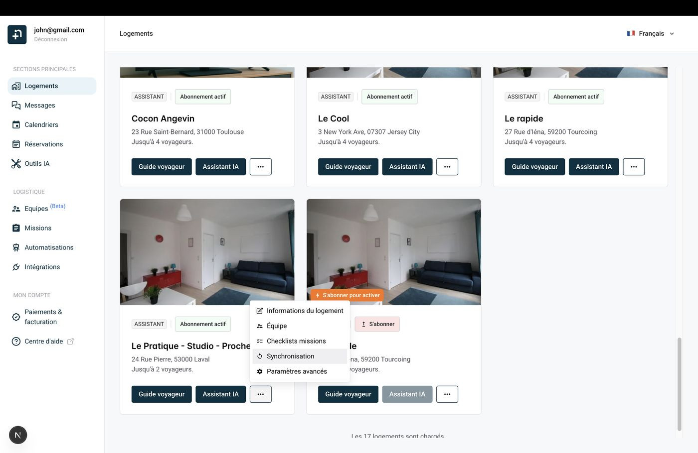 Page des logements montrant le menu trois points avec l'option Synchronisation