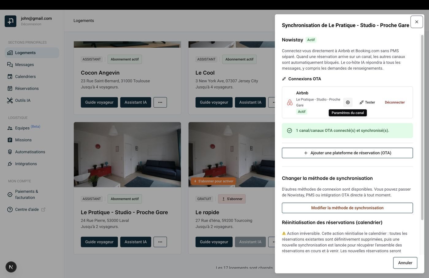 Tiroir de synchronisation montrant le canal Airbnb avec le bouton Paramètres du canal