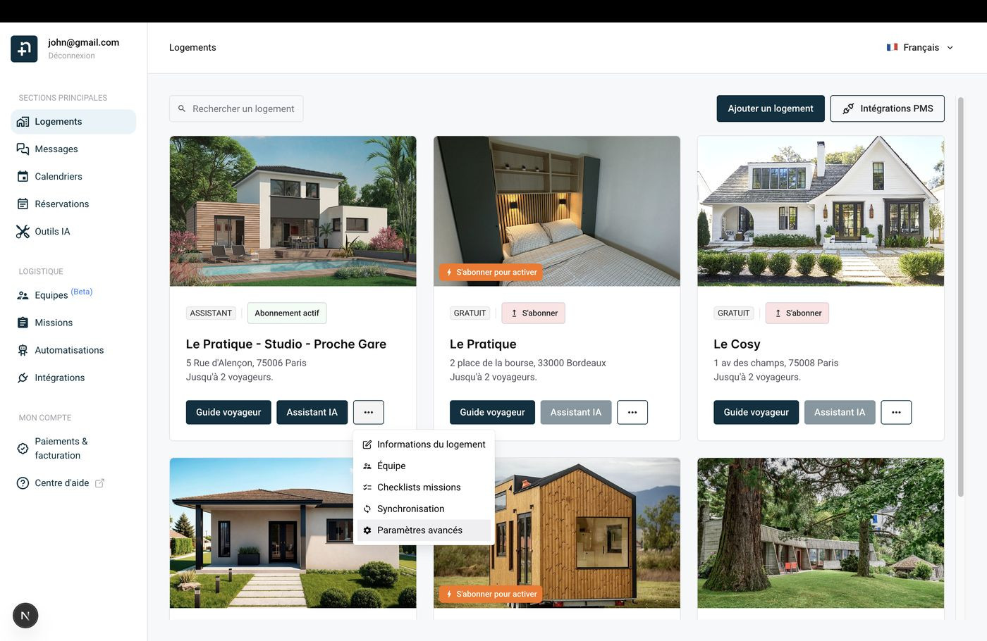 Page des logements montrant le menu trois points avec l'option Paramètres avancés