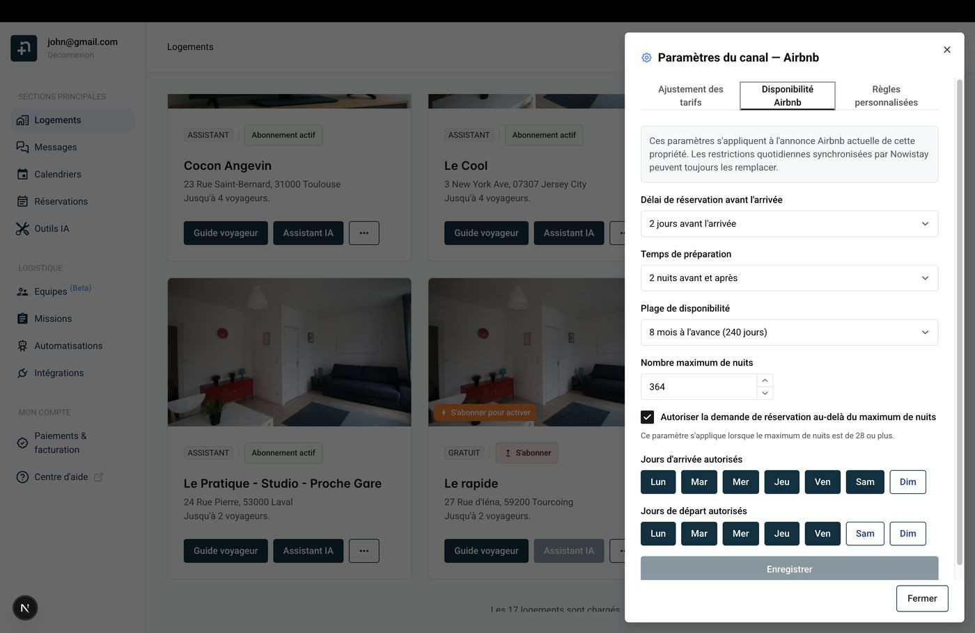 Fenêtre des paramètres du canal montrant l'onglet Disponibilité Airbnb avec toutes les options