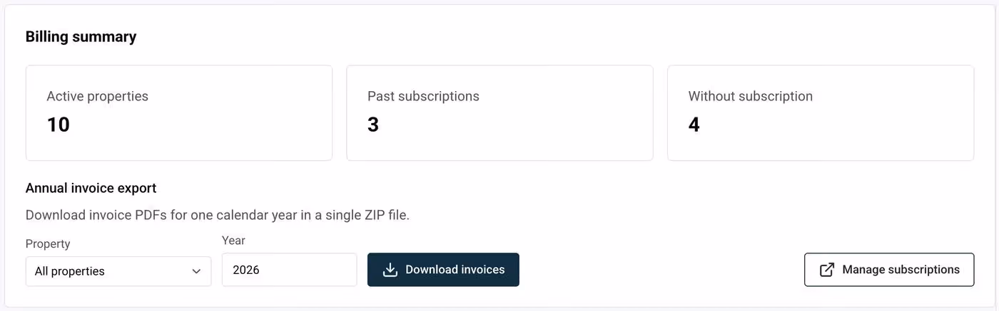 Annual invoice export section with property and year selectors and Download invoices button