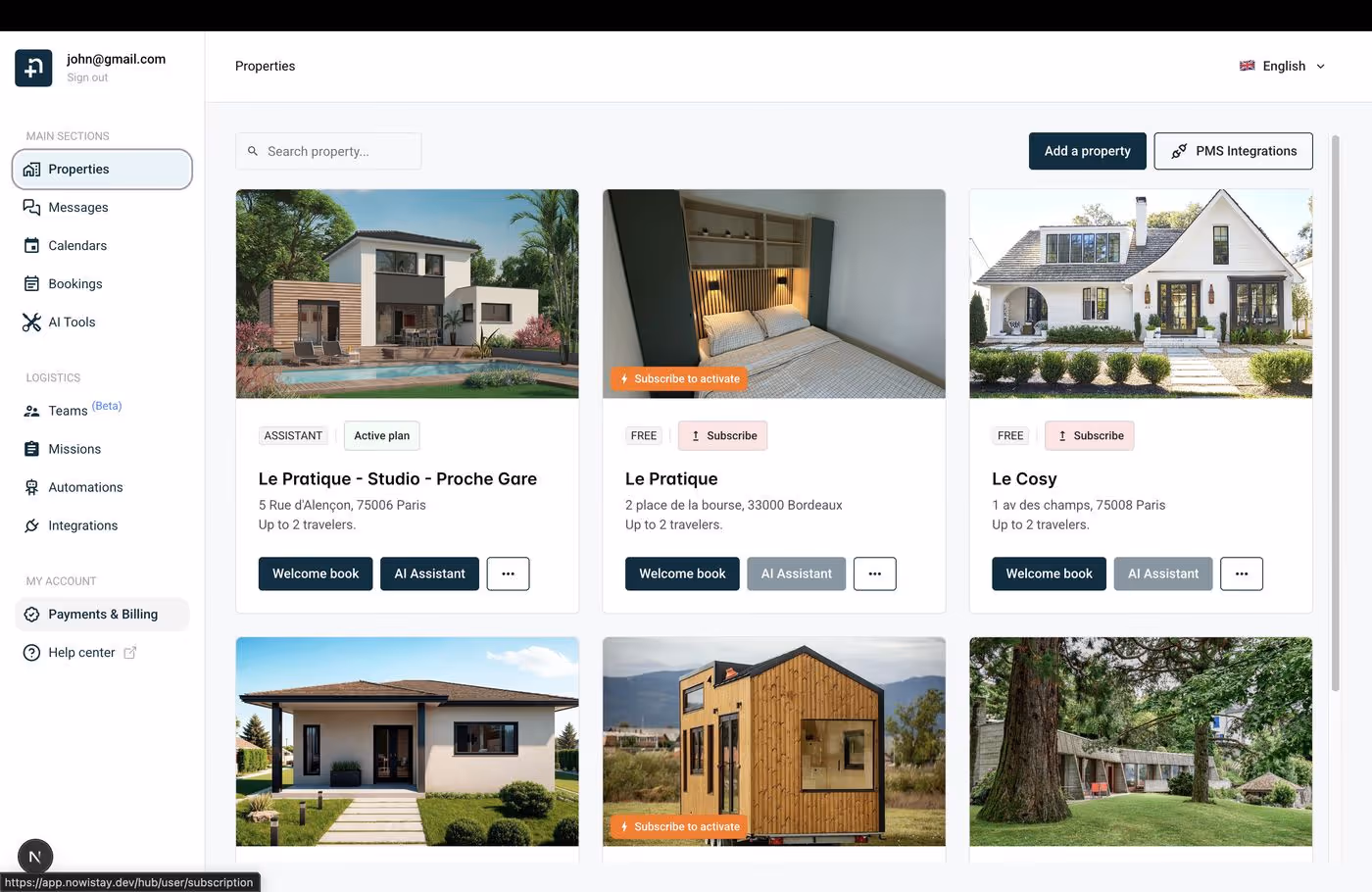 Nowistay sidebar showing the Payments and Billing option under My Account