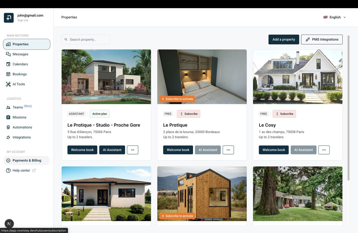 Nowistay sidebar showing the Payments and Billing option under My Account