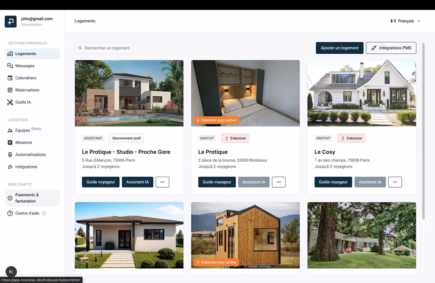 Barre latérale Nowistay montrant l'option Paiements et Facturation sous Mon compte