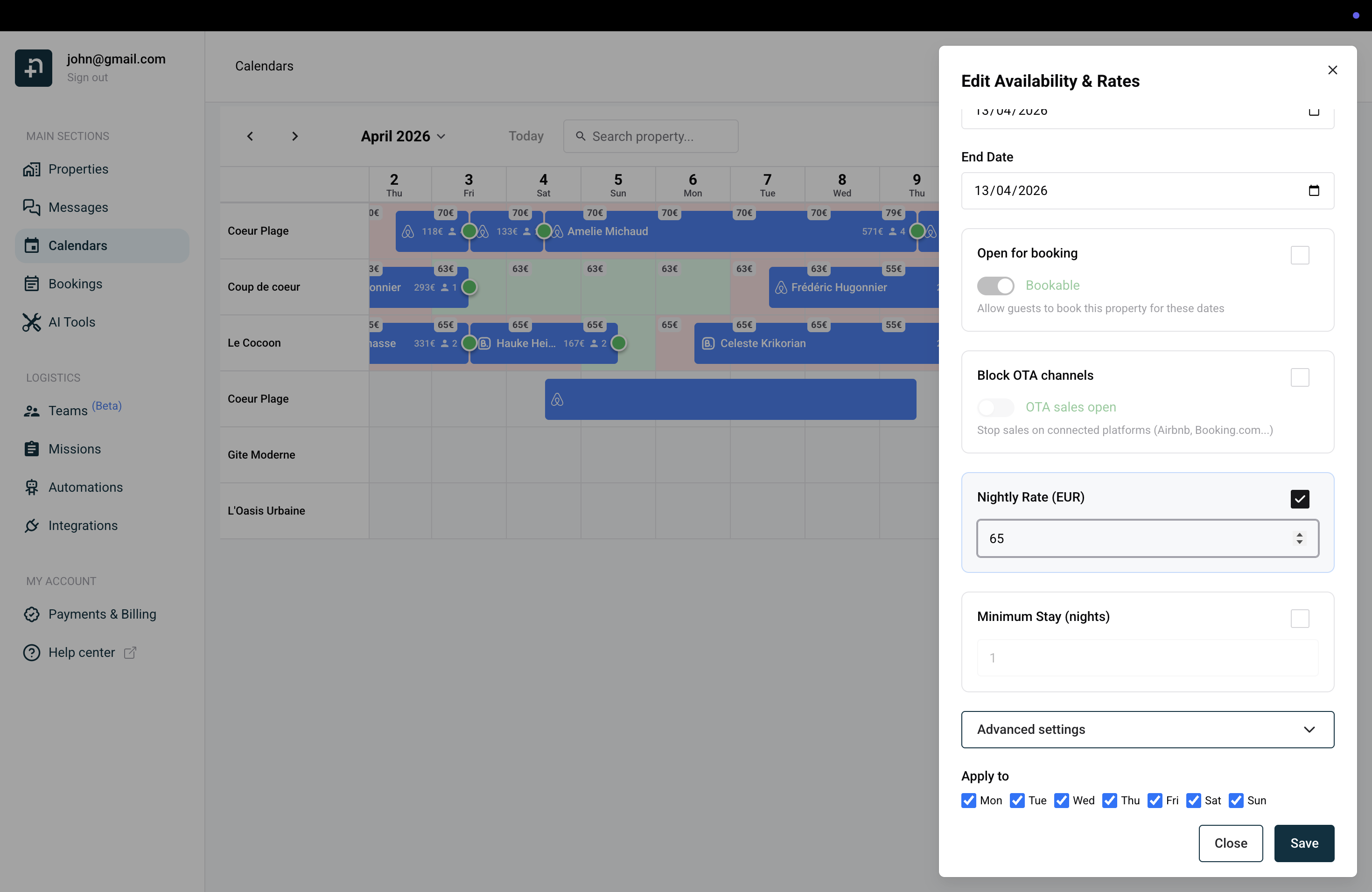 Calendar panel for editing nightly rates with the Nightly Rate checkbox enabled