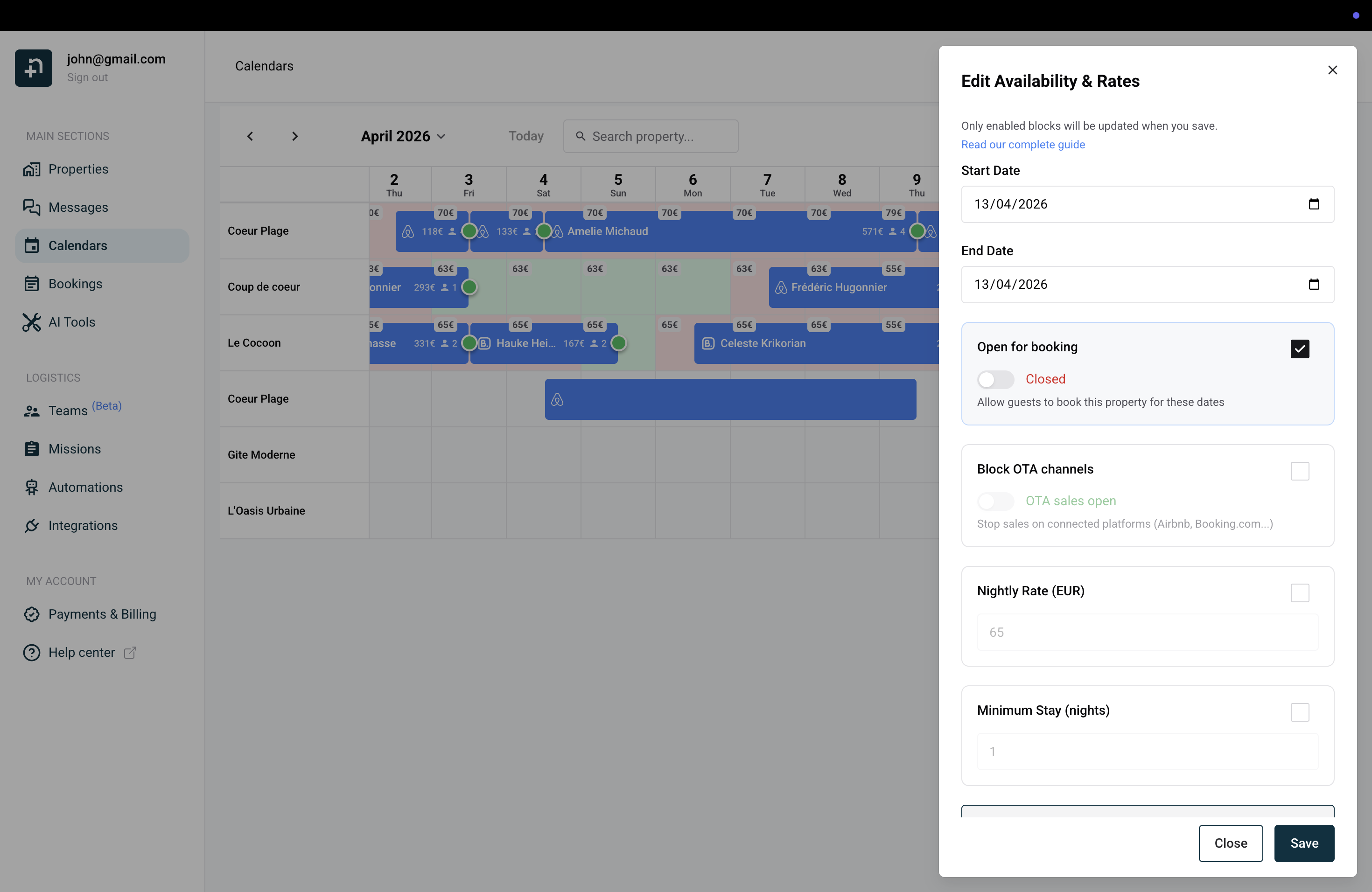 Calendar panel showing availability closed with the toggle set to Closed
