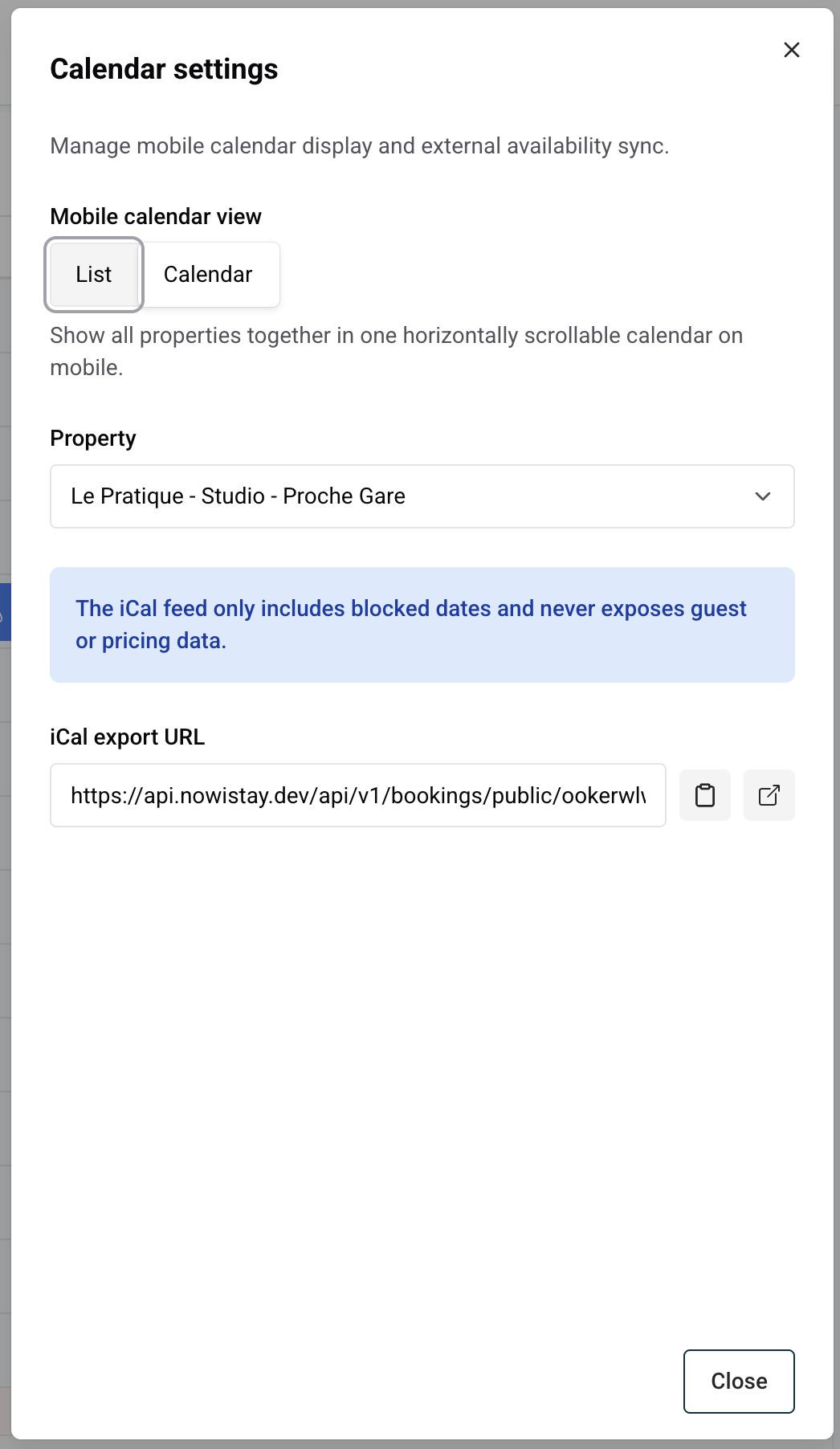 Calendar settings dialog showing mobile view toggle and iCal export URL