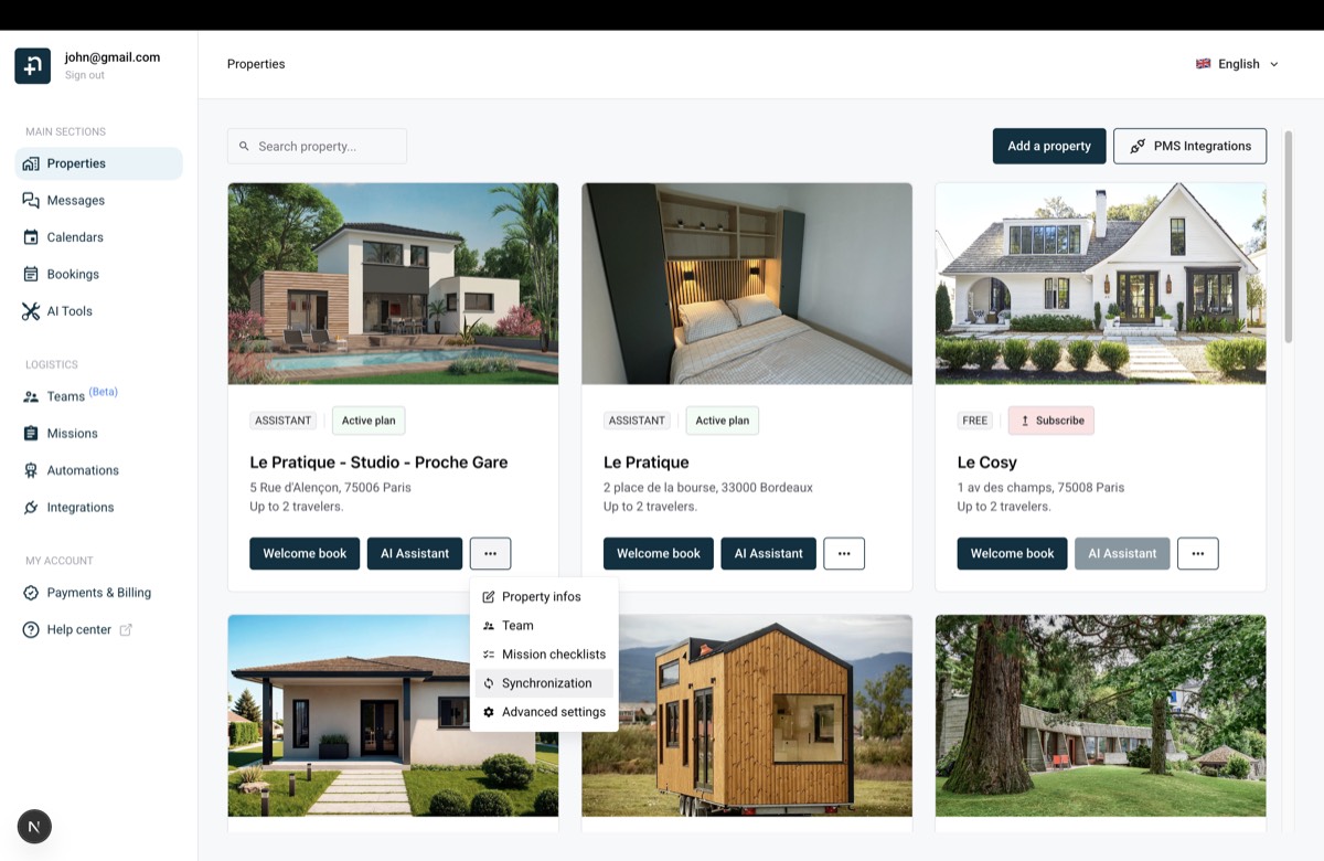 Nowistay properties page showing the property card menu with the Synchronization option
