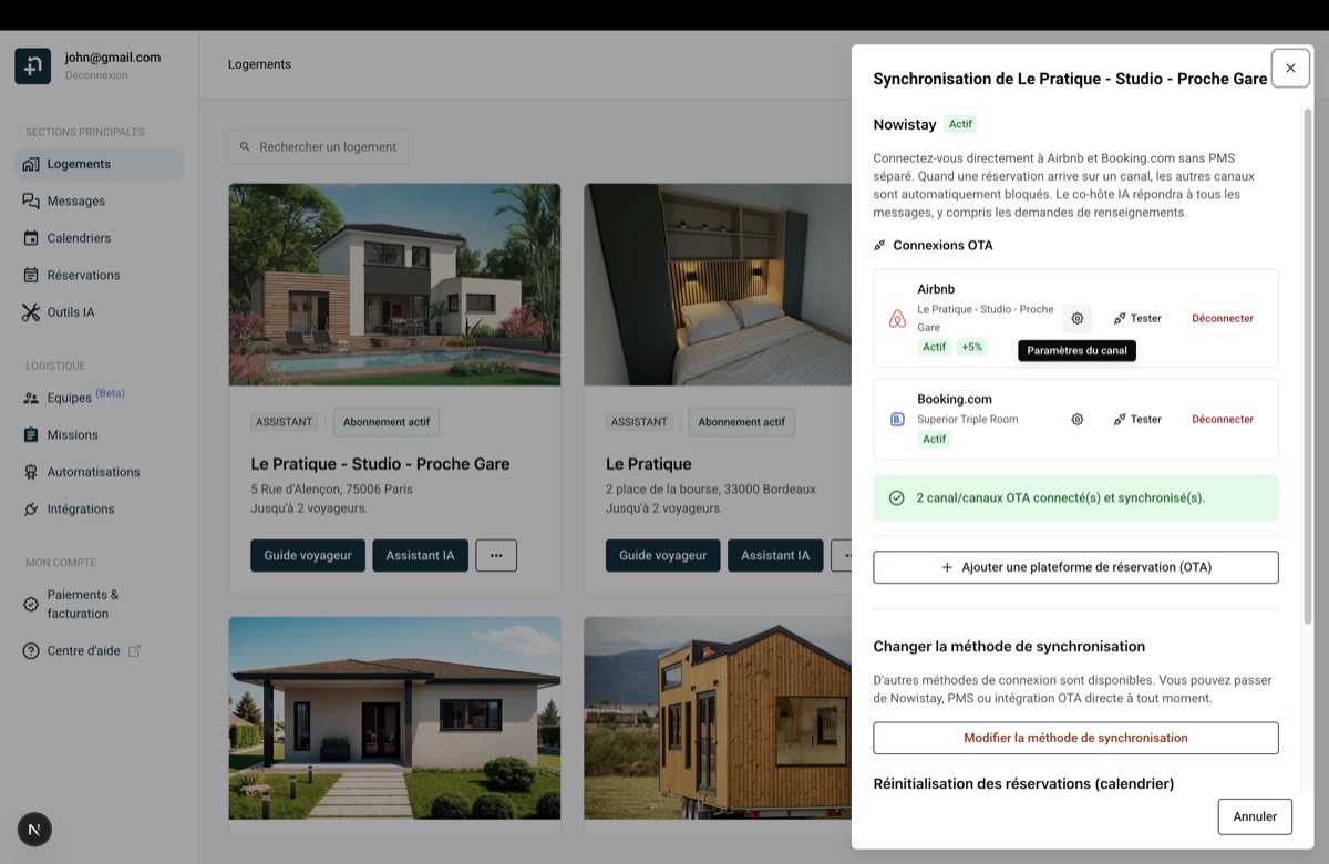 Tiroir de synchronisation Nowistay montrant le bouton Paramètres du canal pour Airbnb