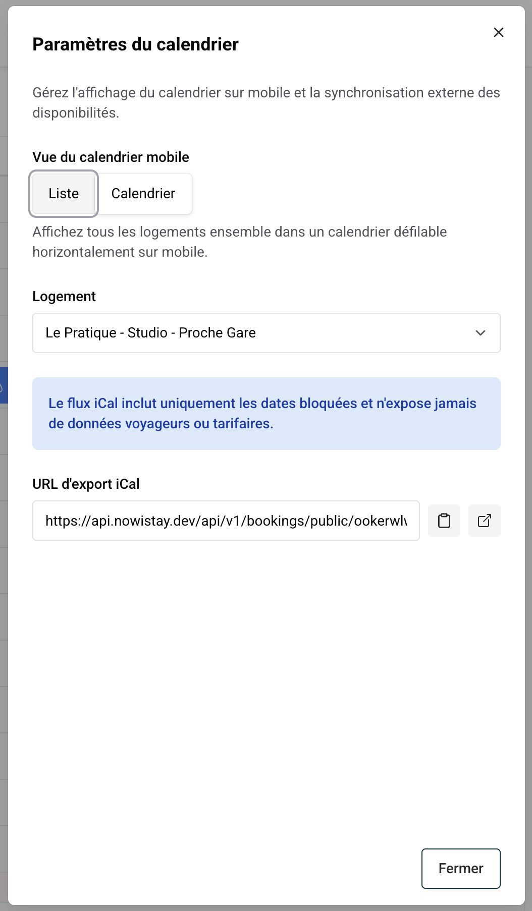 Fenêtre des paramètres du calendrier montrant le choix de vue mobile et l’URL d’export iCal