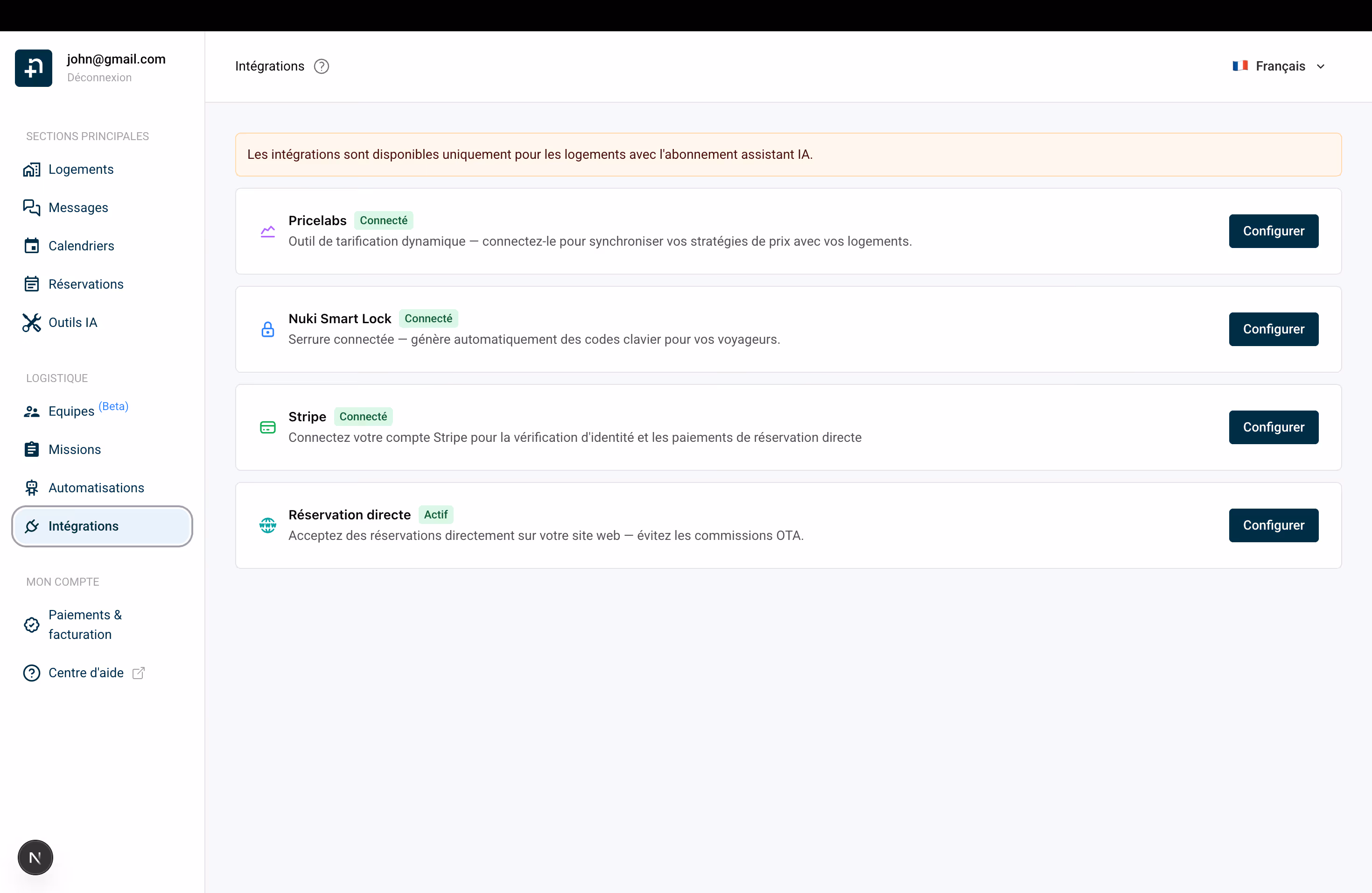Page Intégrations montrant la Réservation directe comme Active
