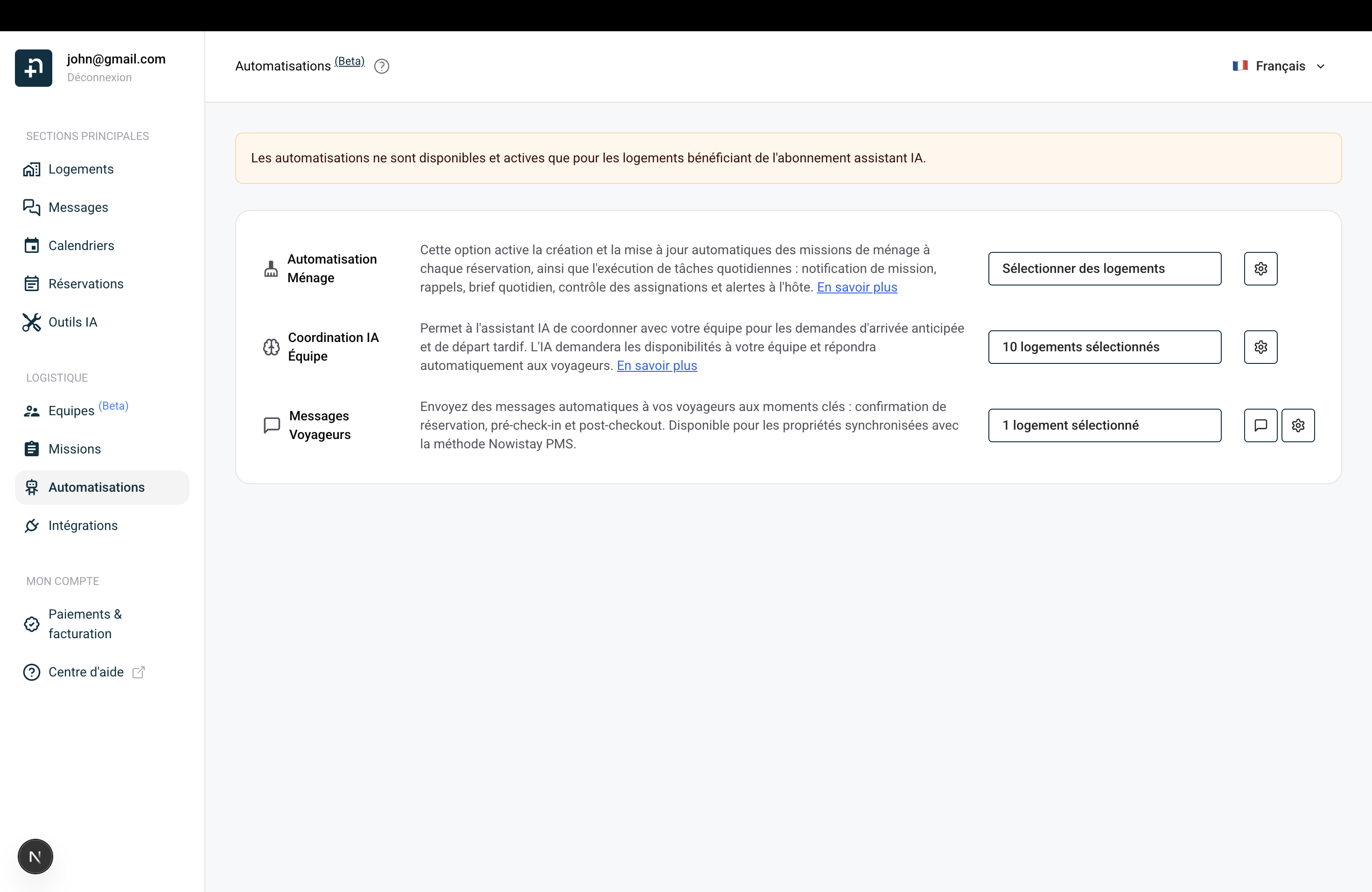 Page Automatisations de Nowistay montrant les trois types d'automatisation : Automatisation Ménage, Coordination IA Équipe et Messages Voyageurs