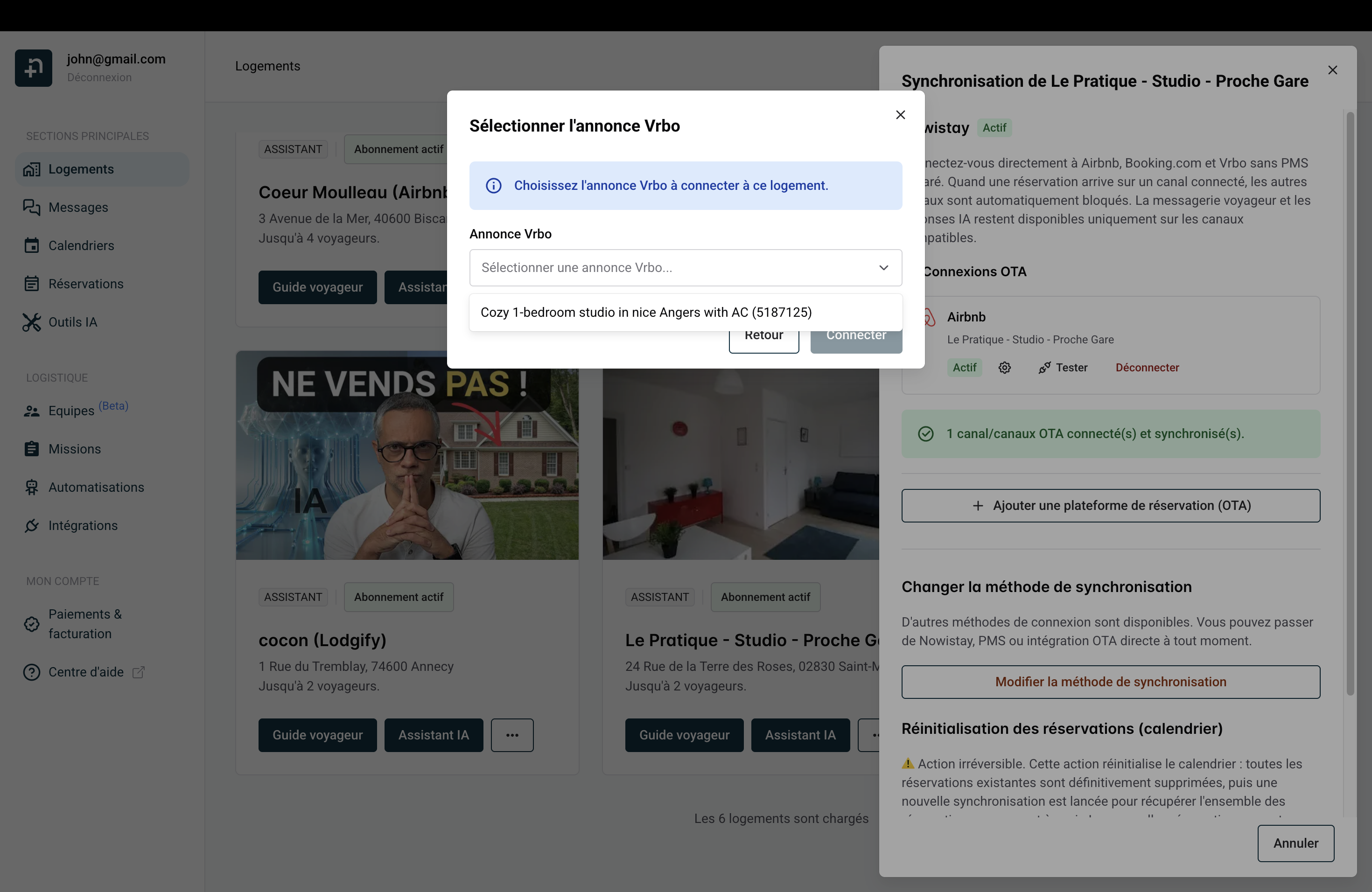 Fenêtre Sélectionner l’annonce Vrbo avec le menu déroulant ouvert