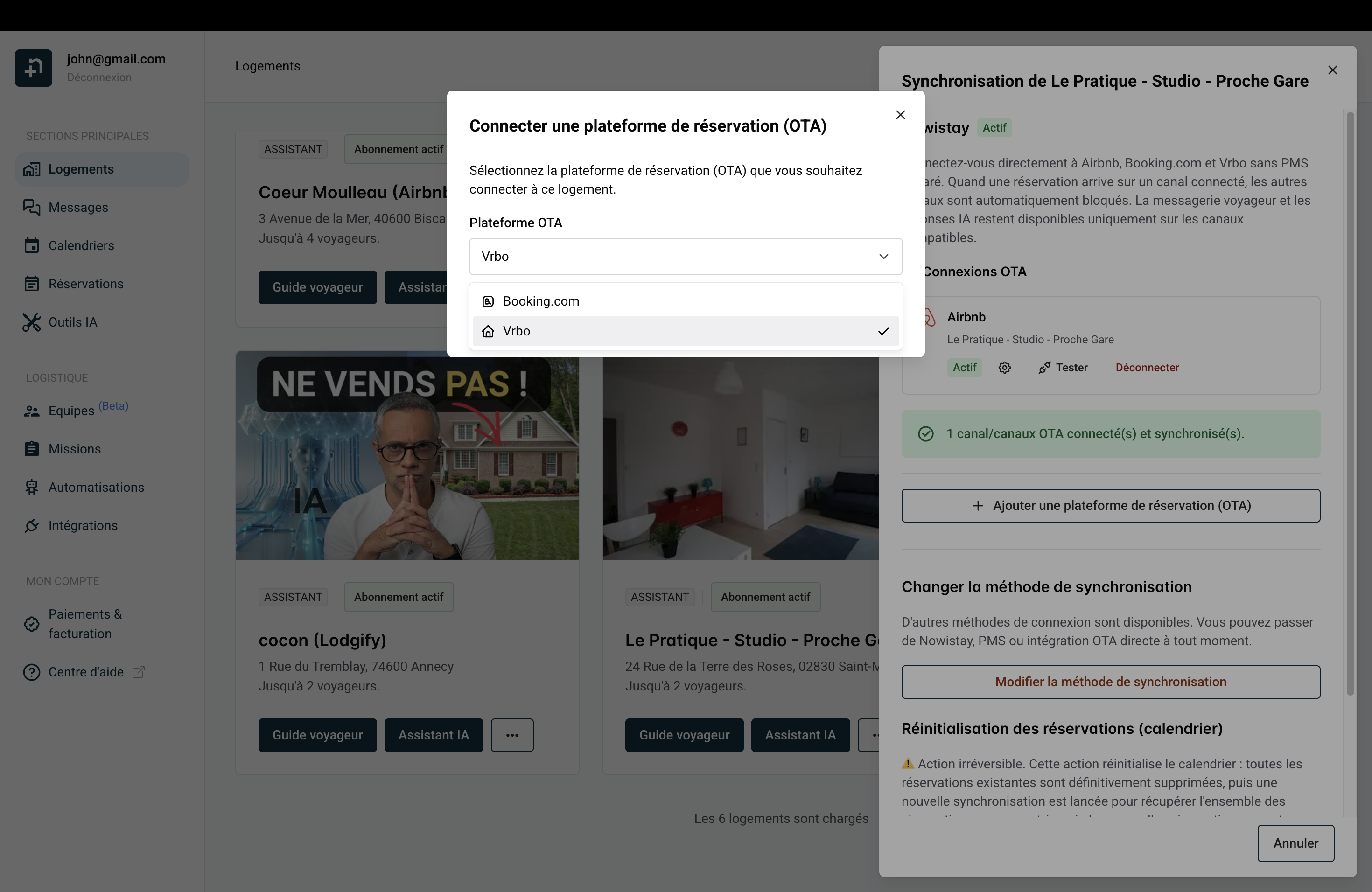 Fenêtre de connexion d’une plateforme de réservation avec Vrbo sélectionné dans le menu déroulant