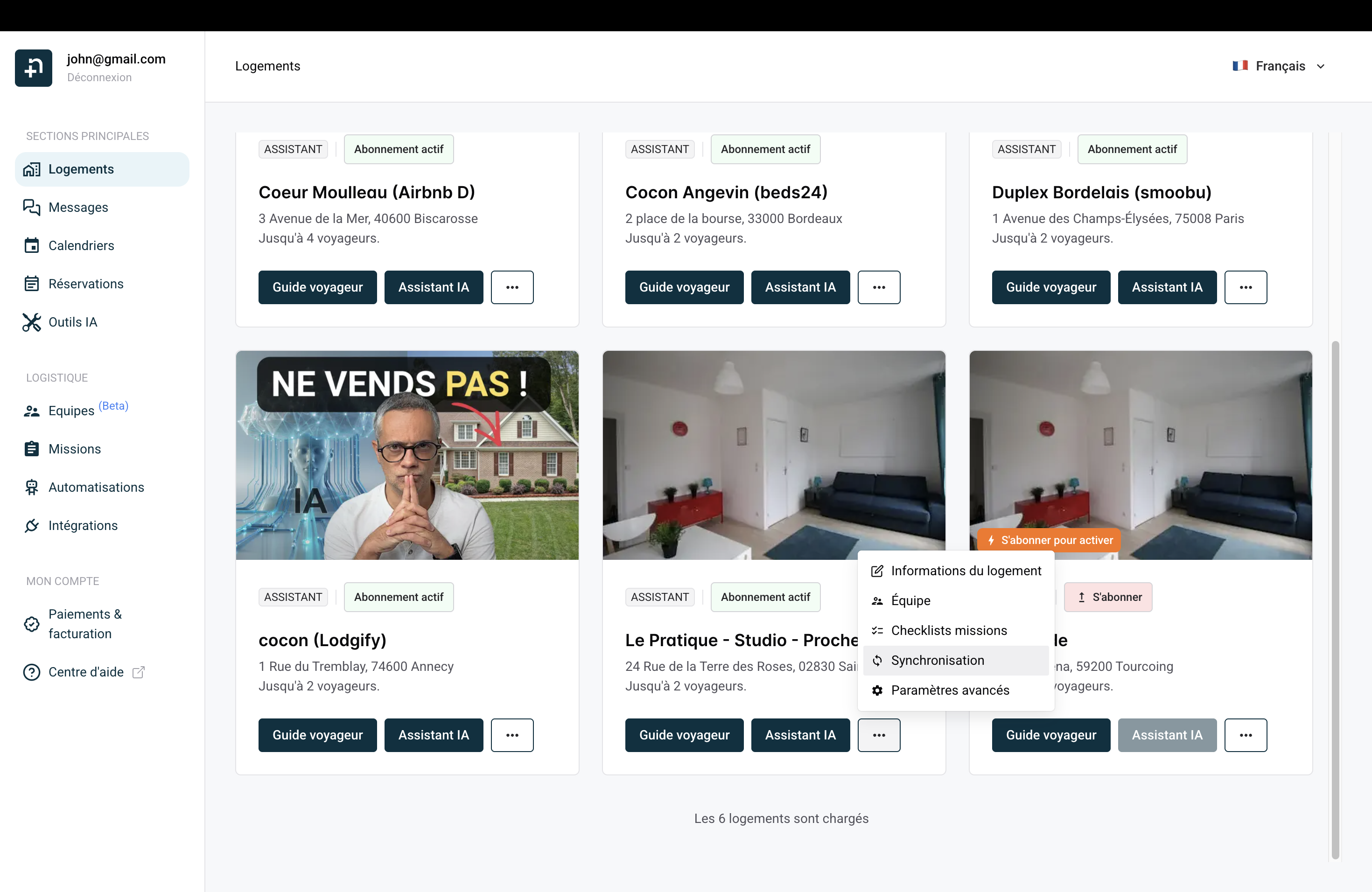 Menu de la fiche logement montrant l’option Synchronisation dans Nowistay