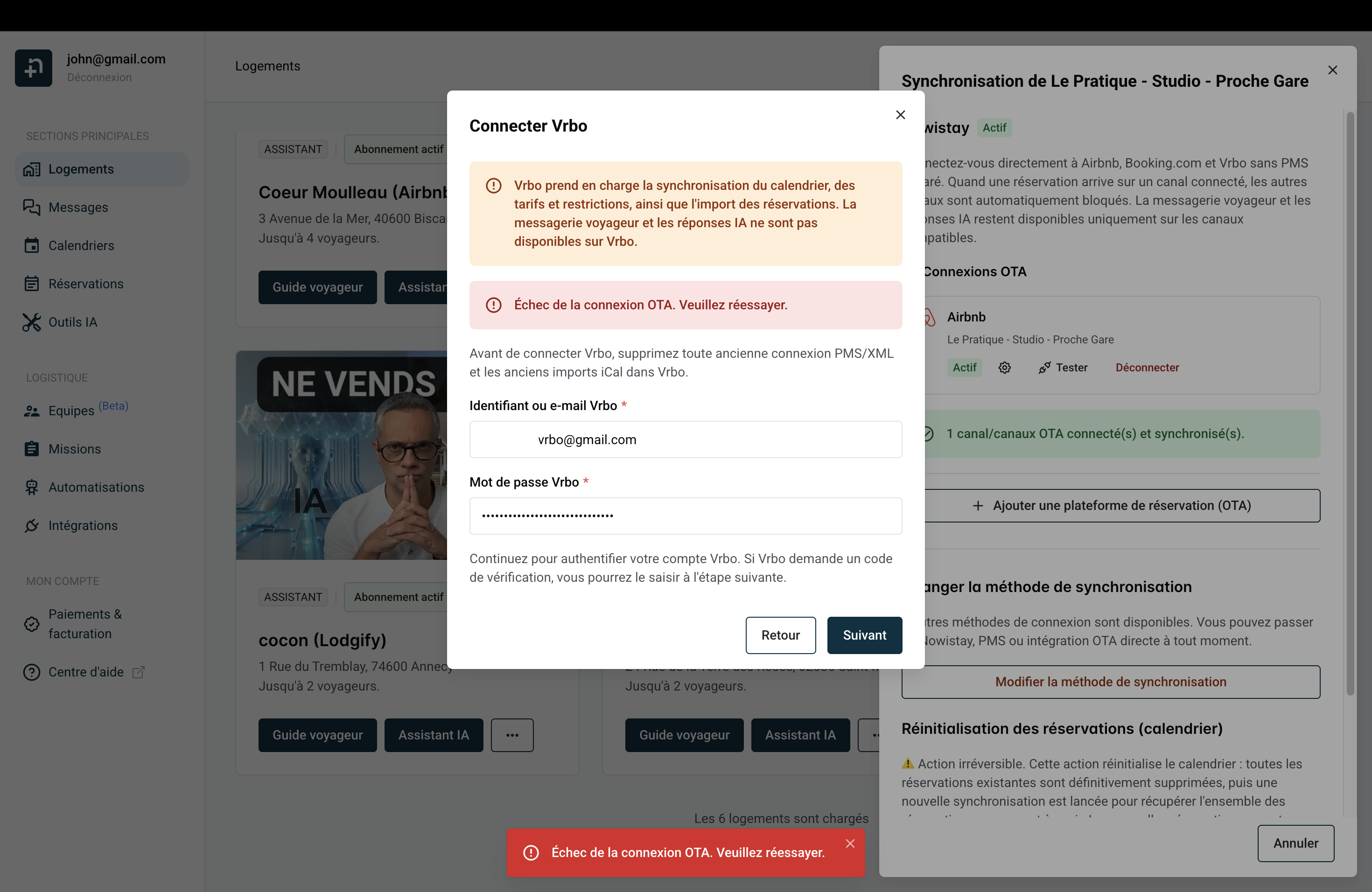 Message d’erreur de connexion : Échec de la connexion OTA. Veuillez réessayer.