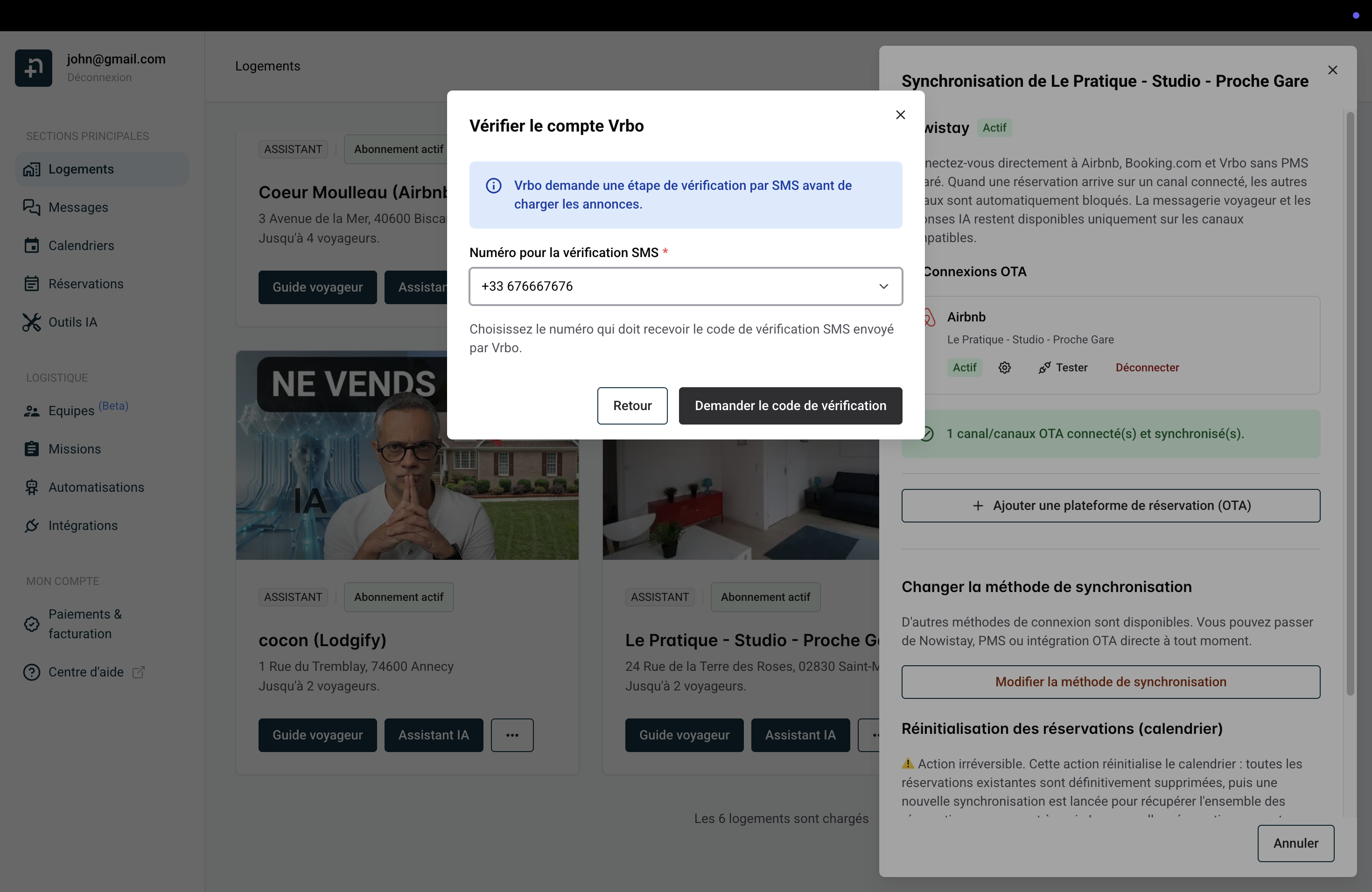 Fenêtre Vérifier le compte Vrbo montrant la sélection du numéro de téléphone pour la vérification SMS