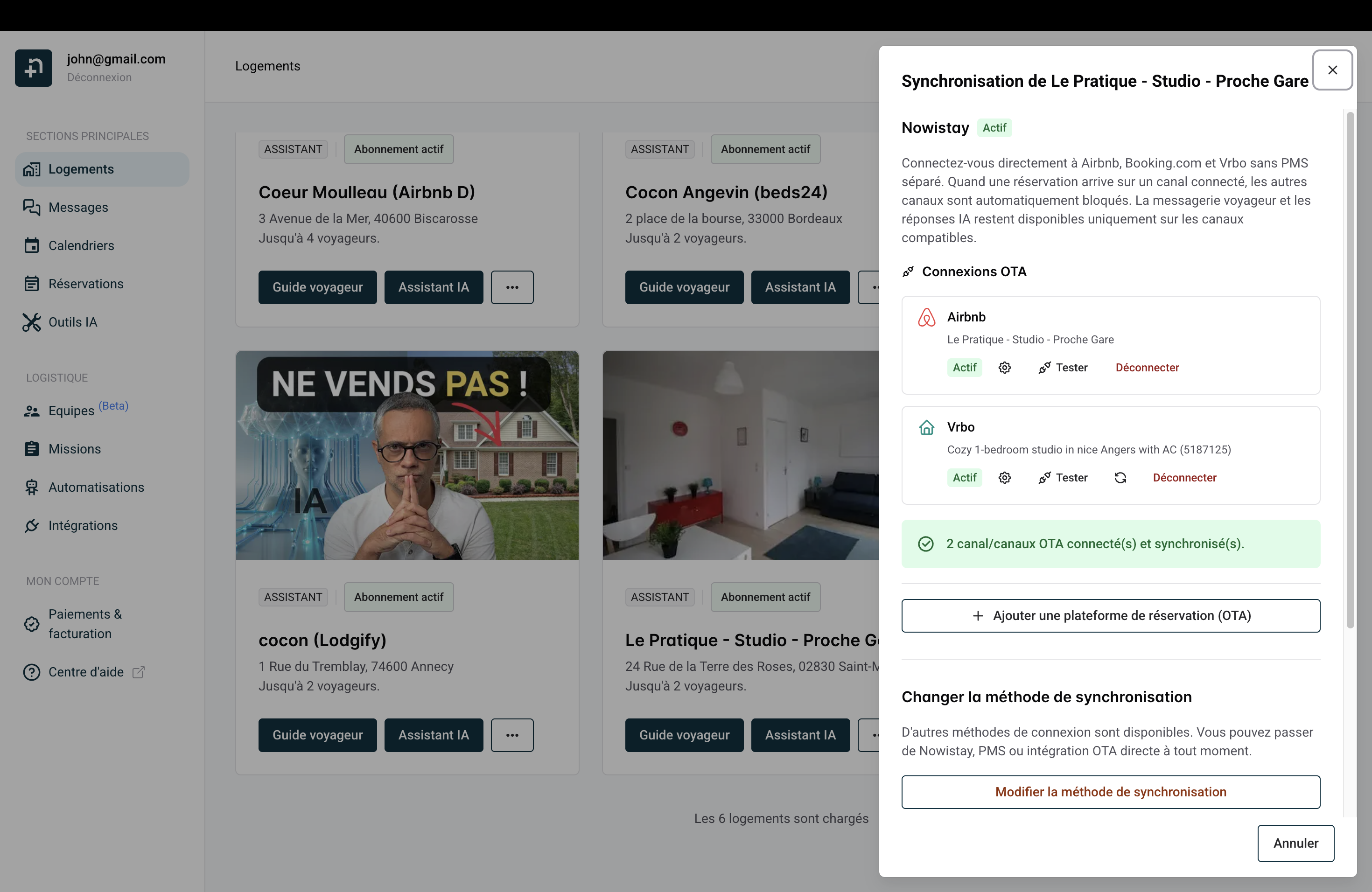 Panneau de synchronisation montrant Vrbo connecté avec le statut Actif