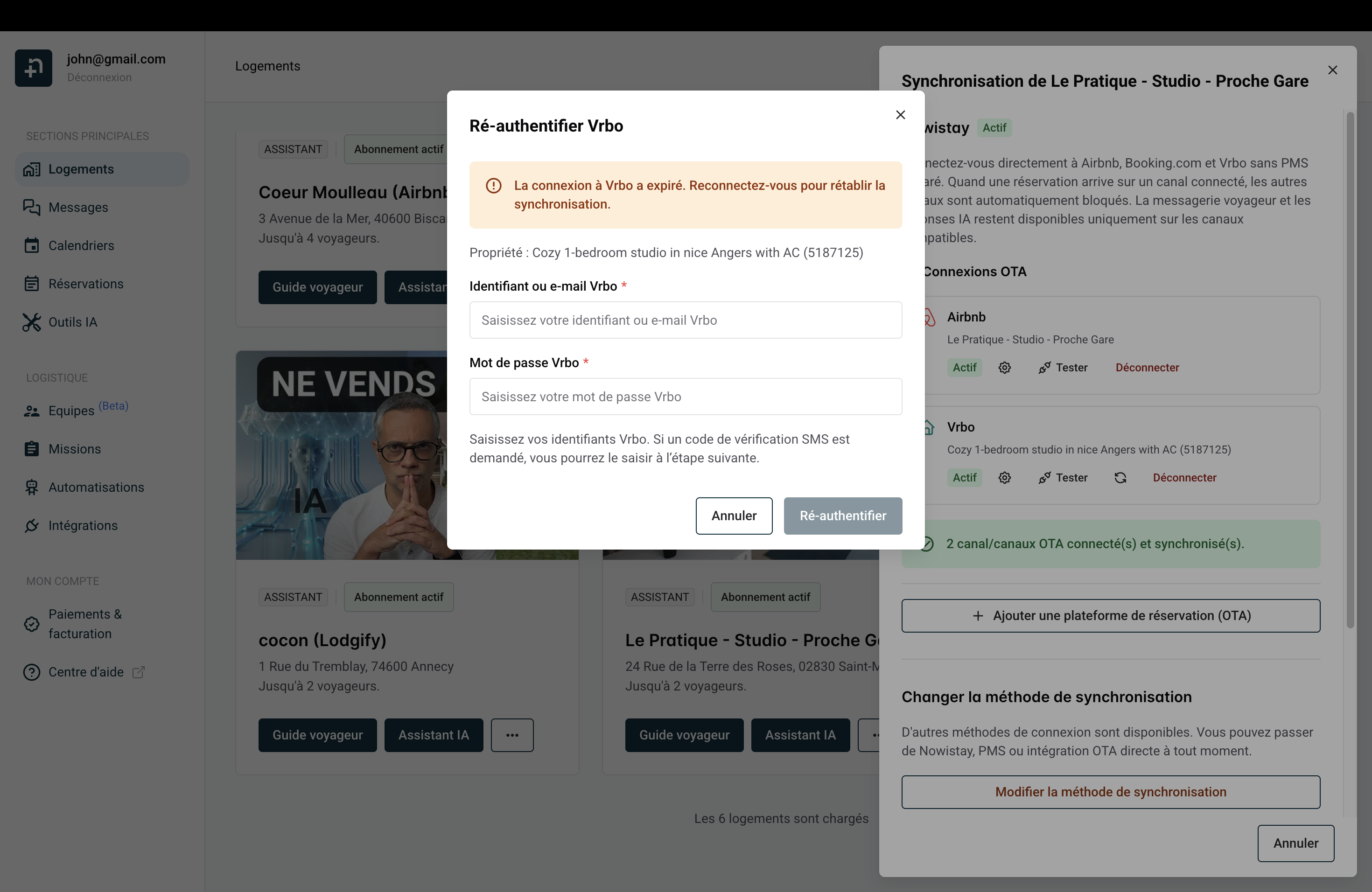 Fenêtre Ré-authentifier Vrbo montrant les champs d’identifiants et le bouton Ré-authentifier