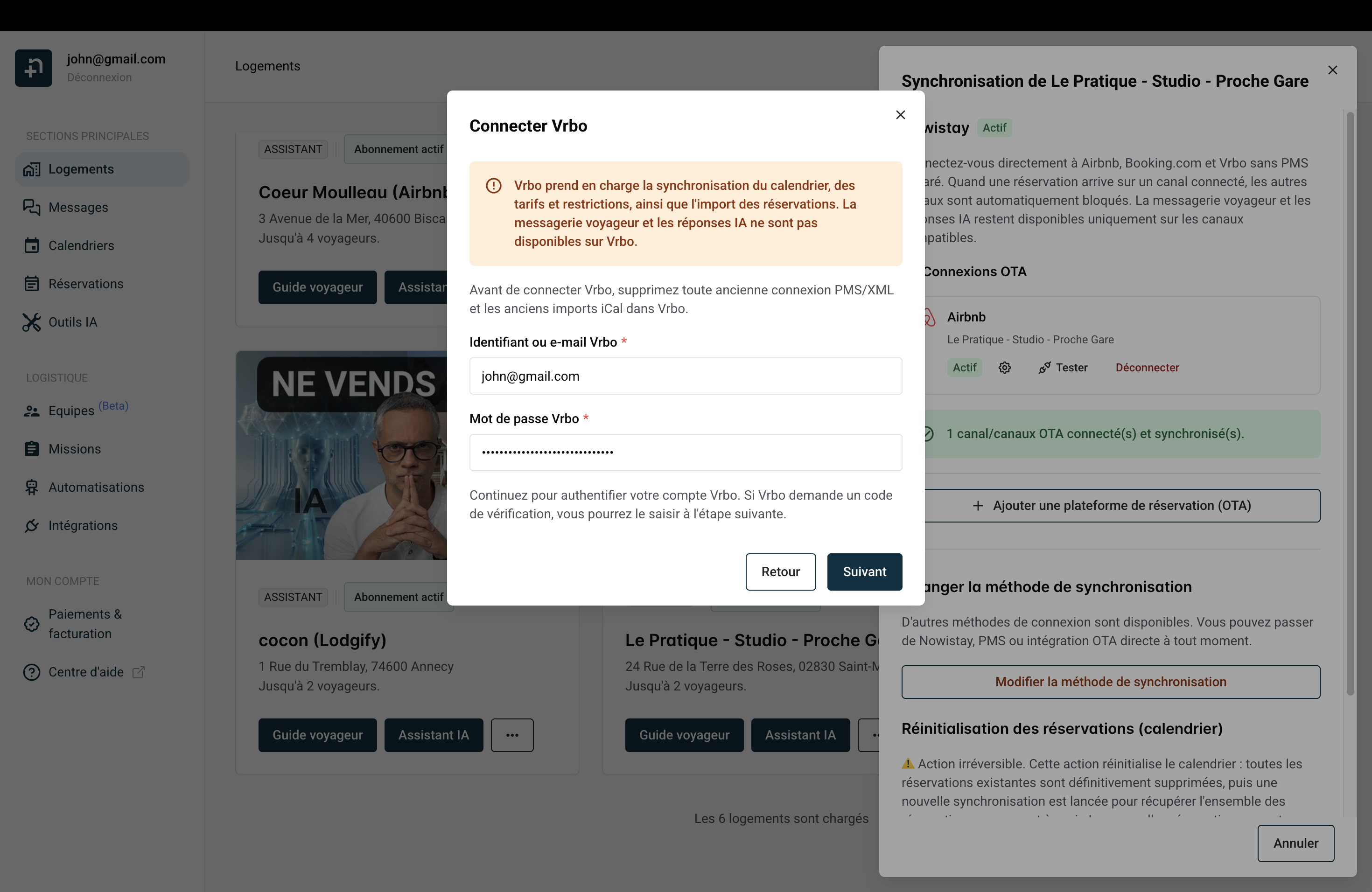 Fenêtre Connecter Vrbo montrant le bandeau d’avertissement et les champs d’identifiants