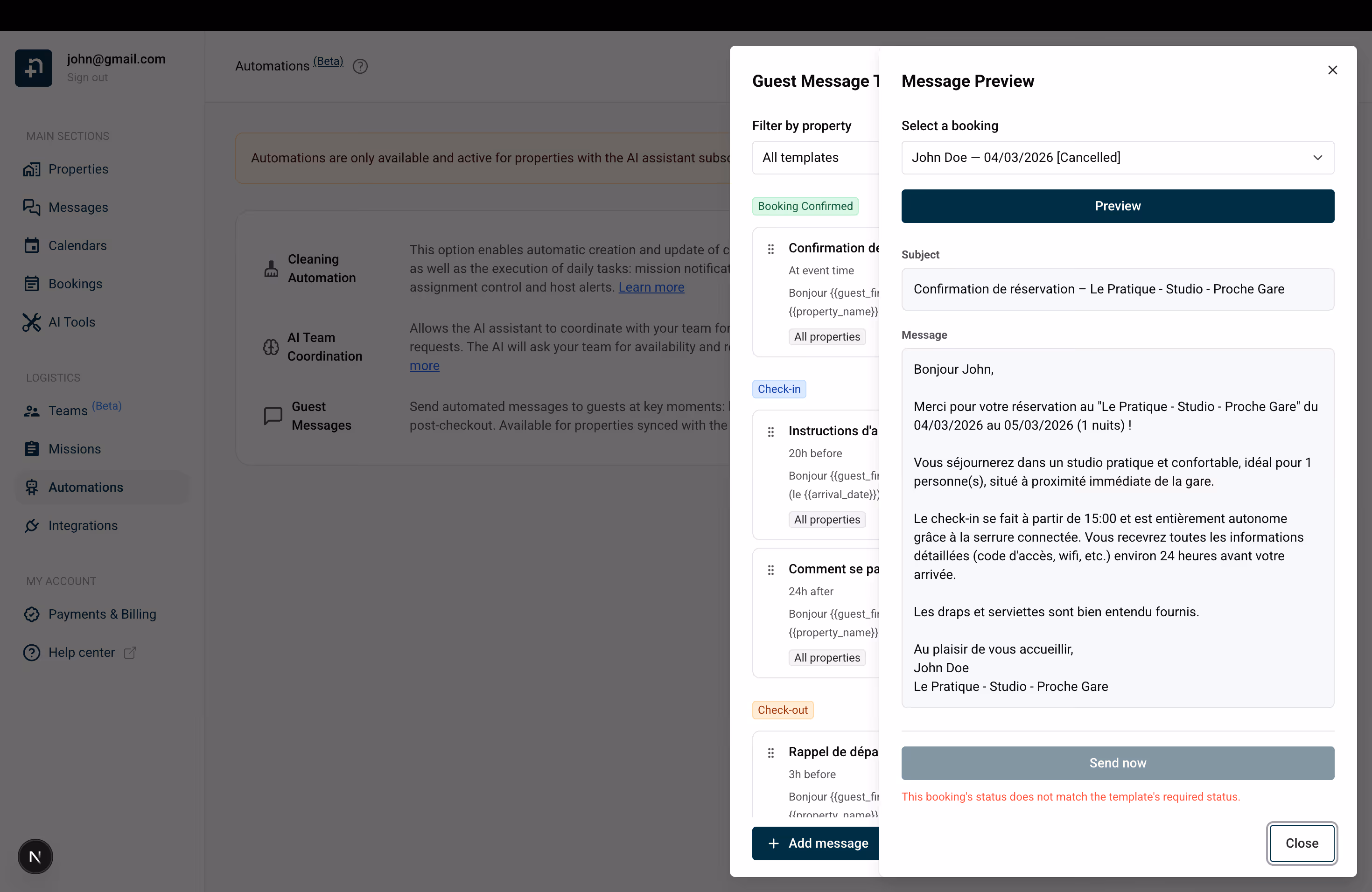 Message Preview dialog showing a real booking preview with resolved subject line, full message content, and Send now button