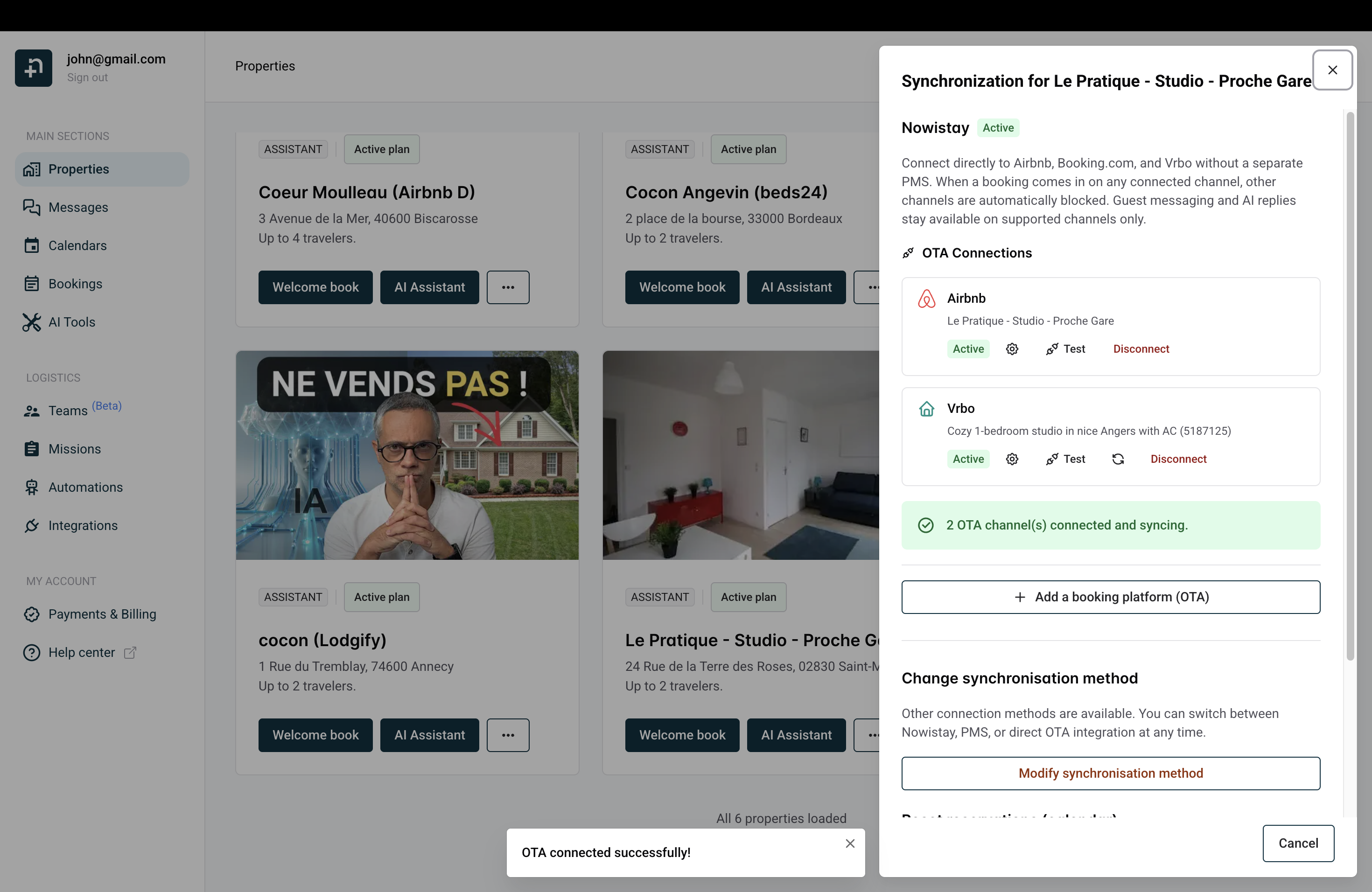 Synchronization drawer showing Vrbo connected with Active status and success notification