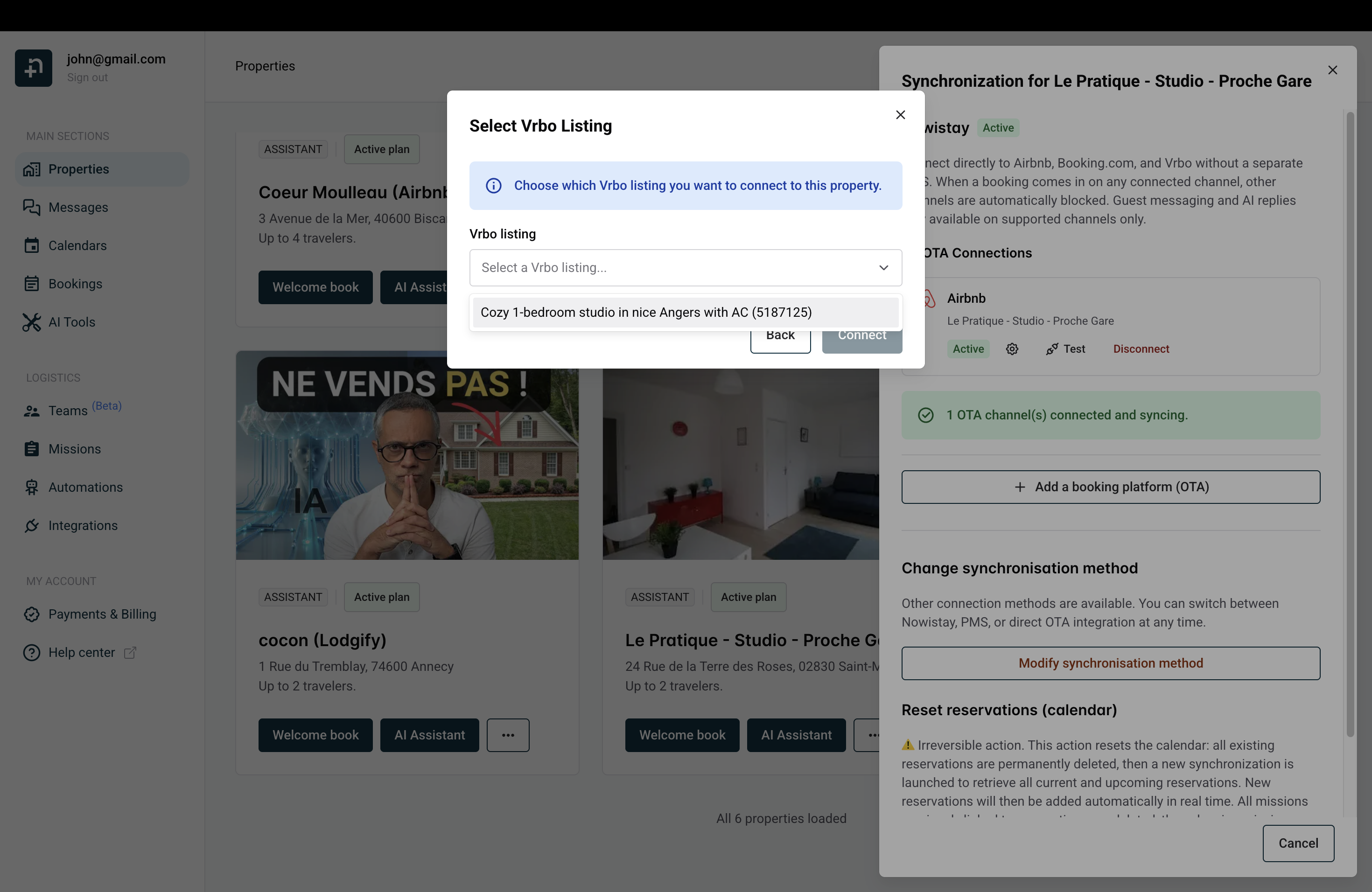 Select Vrbo Listing dialog with the listing dropdown open