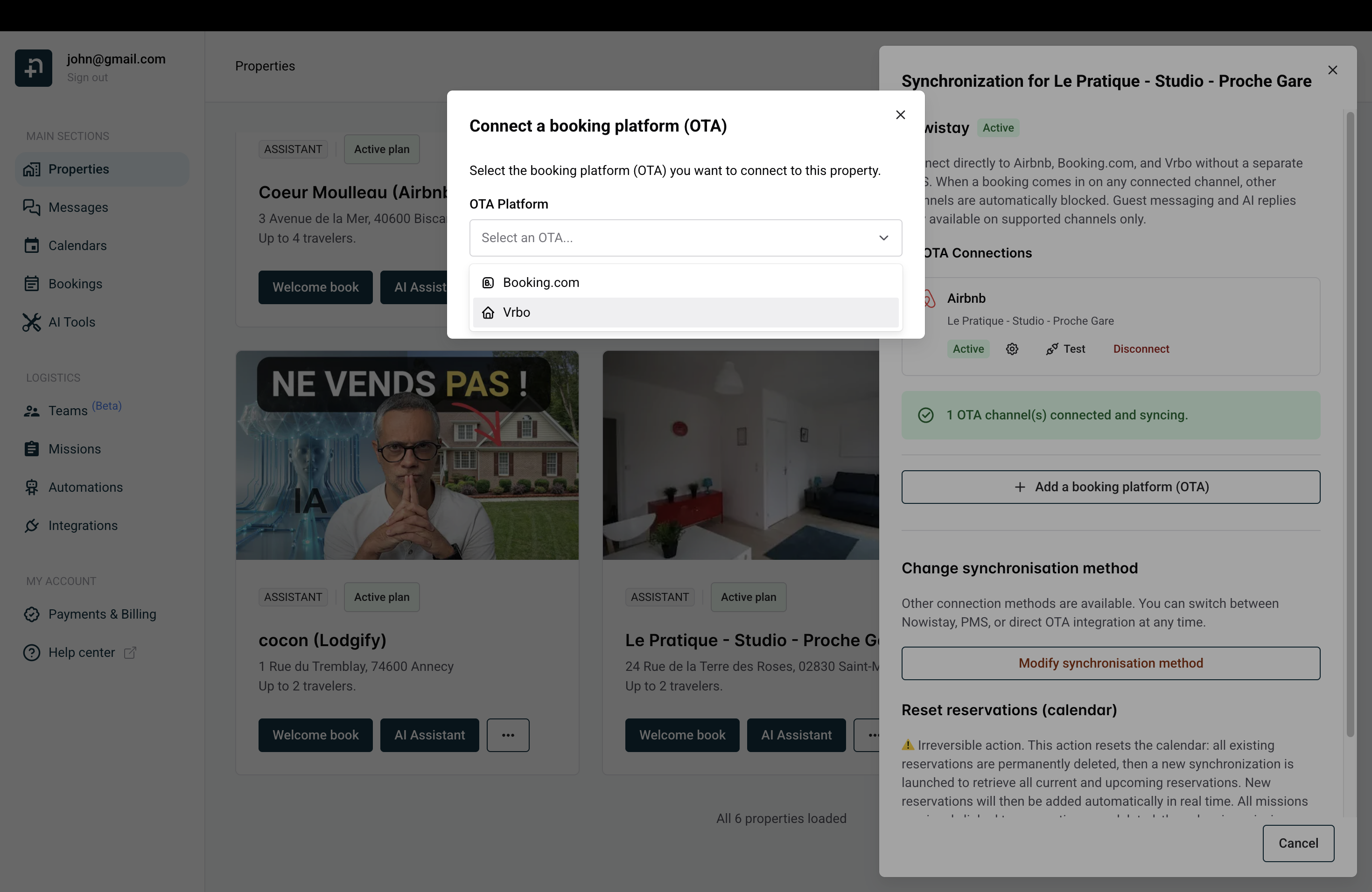 Connect a booking platform dialog with Vrbo selected in the OTA Platform dropdown