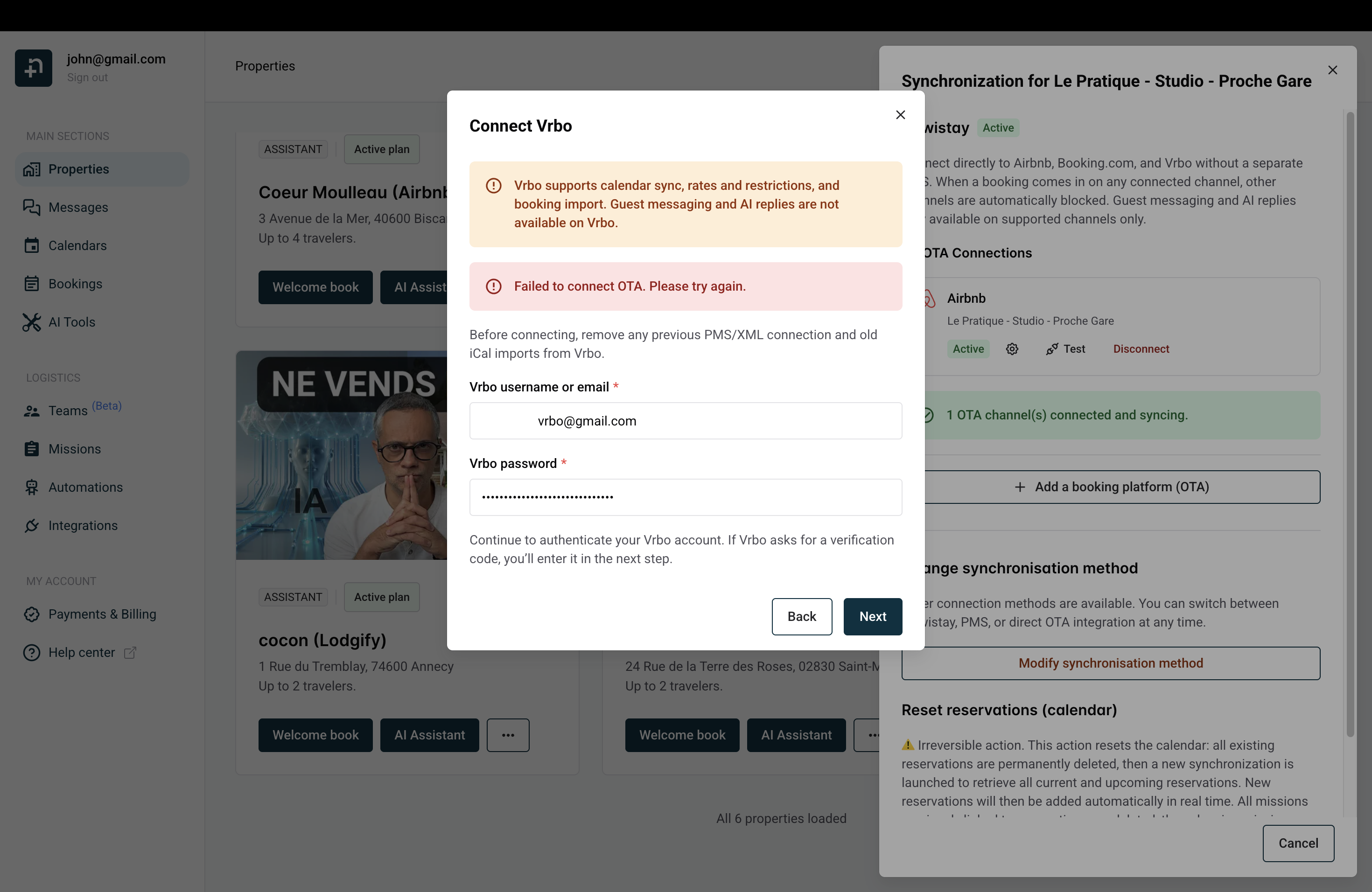 Connection error message: Failed to connect OTA. Please try again.