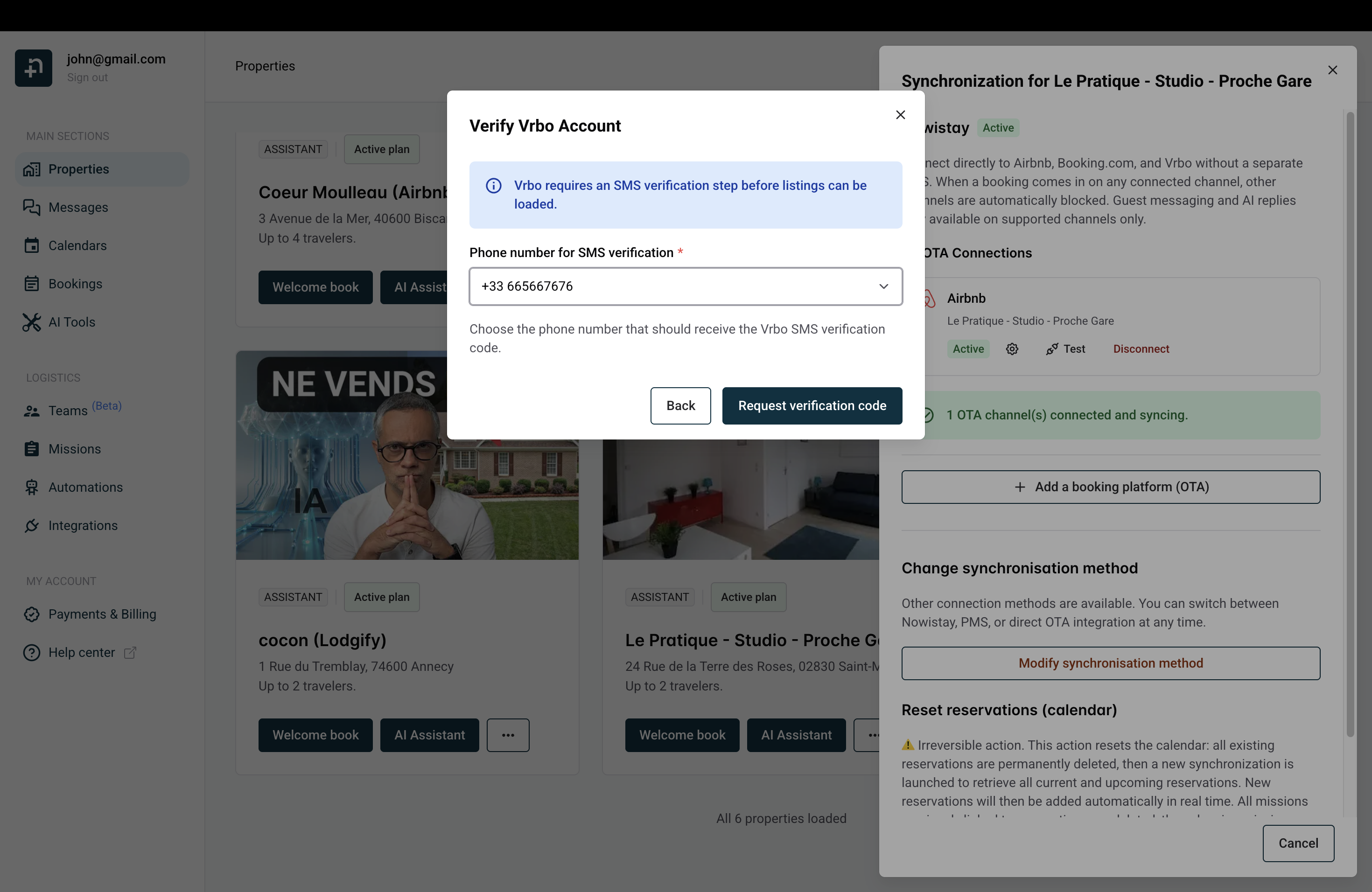 Verify Vrbo Account dialog showing phone number selection for SMS verification