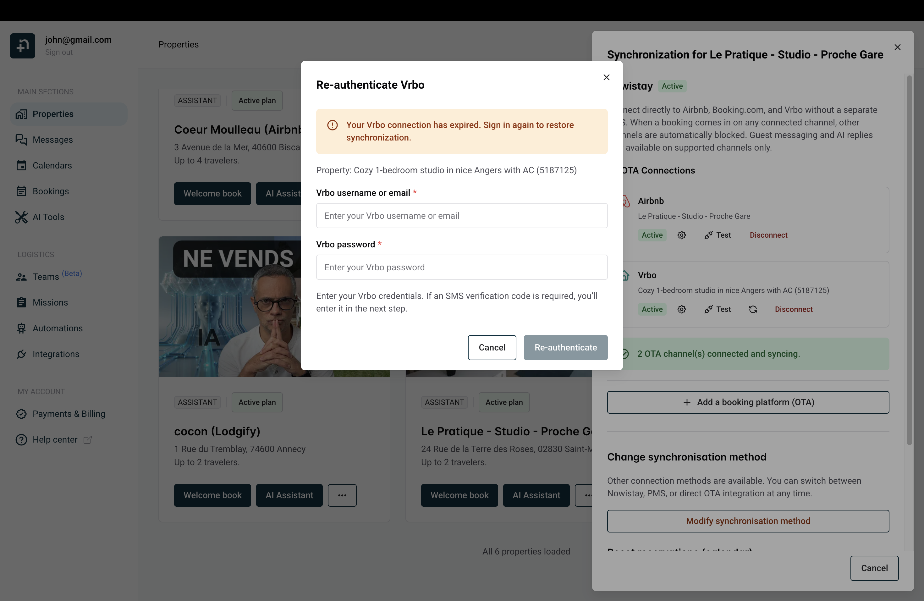 Re-authenticate Vrbo dialog showing credential fields and re-authenticate button