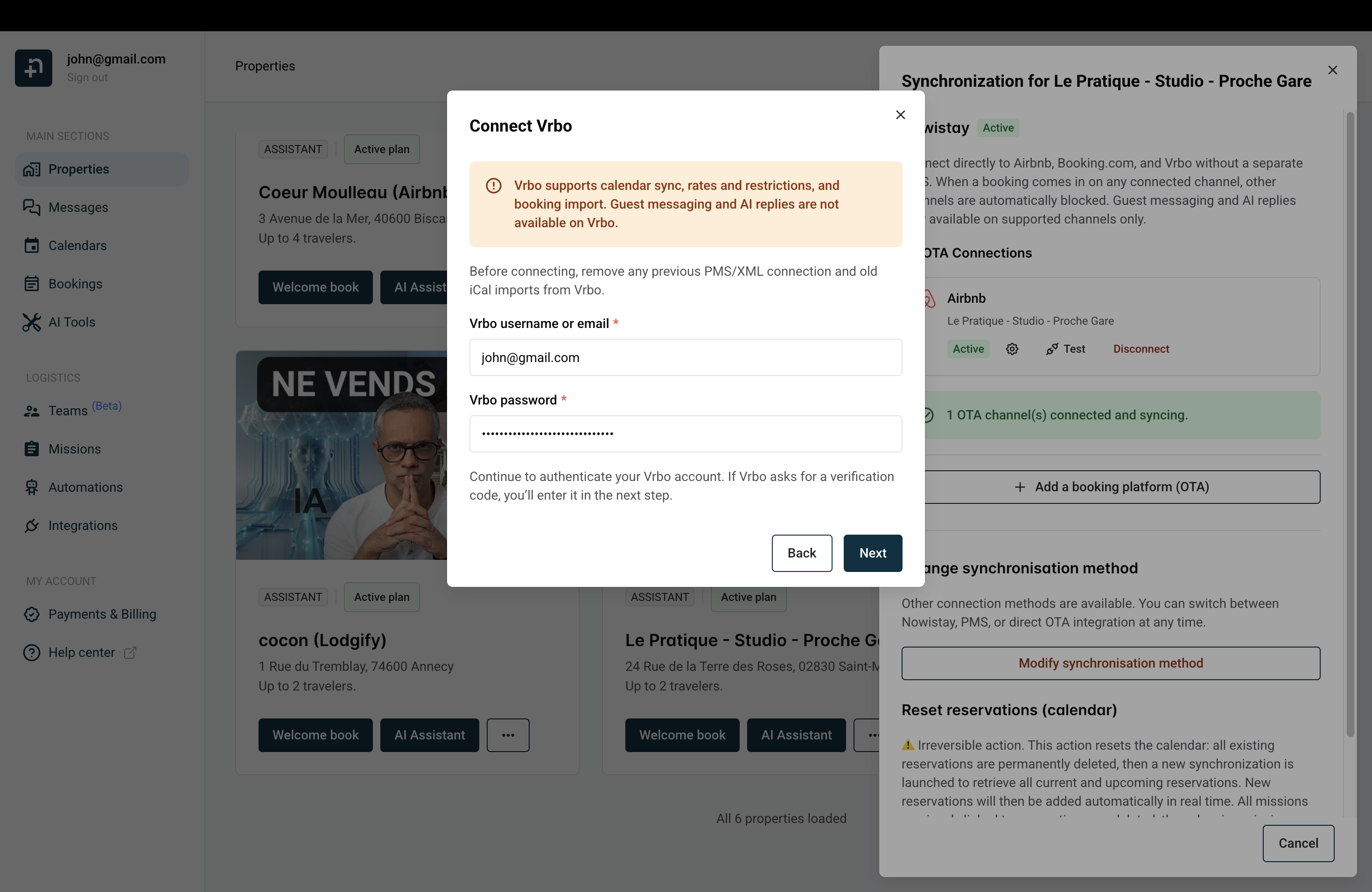 Connect Vrbo dialog showing the warning banner and credential fields