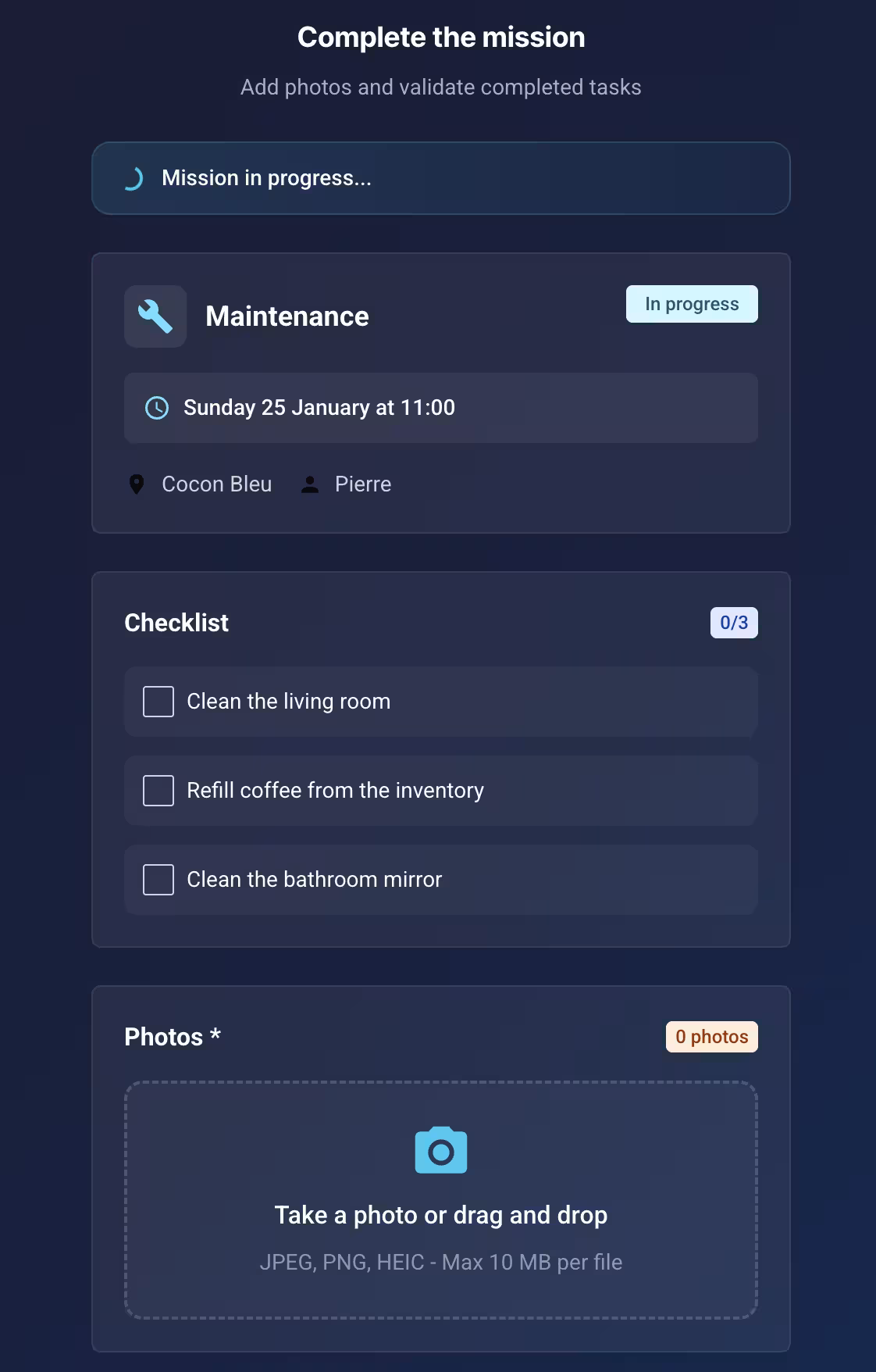 Task completion form for Airbnb cleaning team