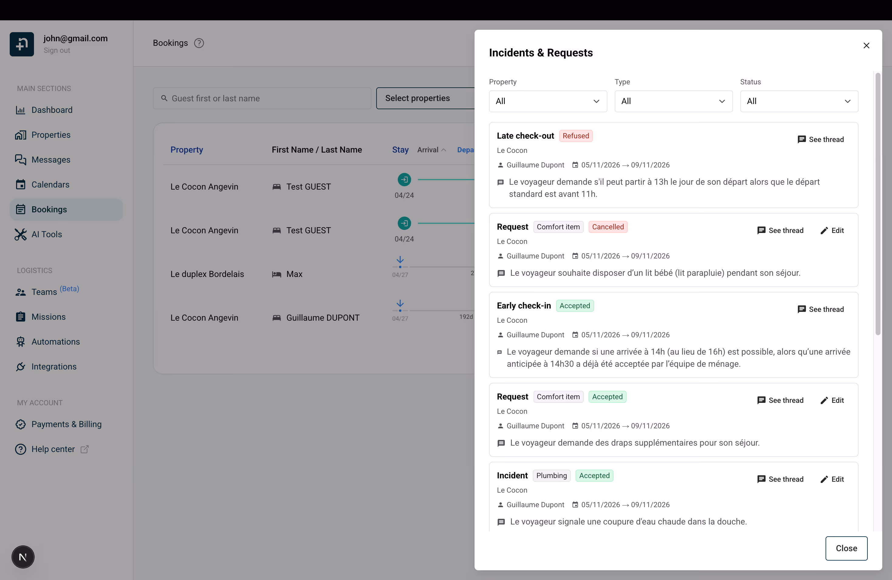 The Incidents and Requests drawer listing several inquiries with their type, category, status, guest, dates, and action buttons.