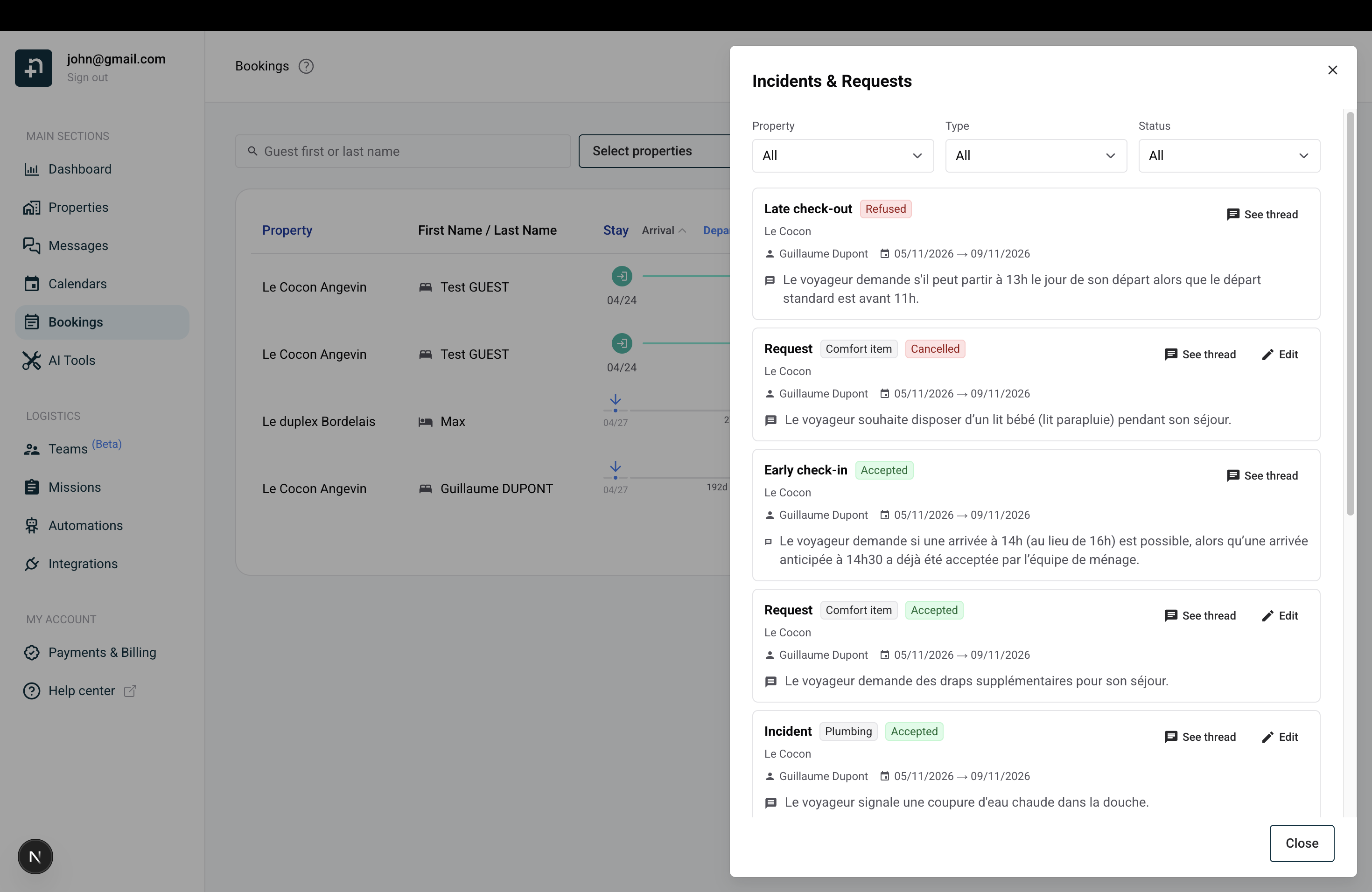 The Incidents and Requests drawer listing several inquiries with their type, category, status, guest, dates, and action buttons.