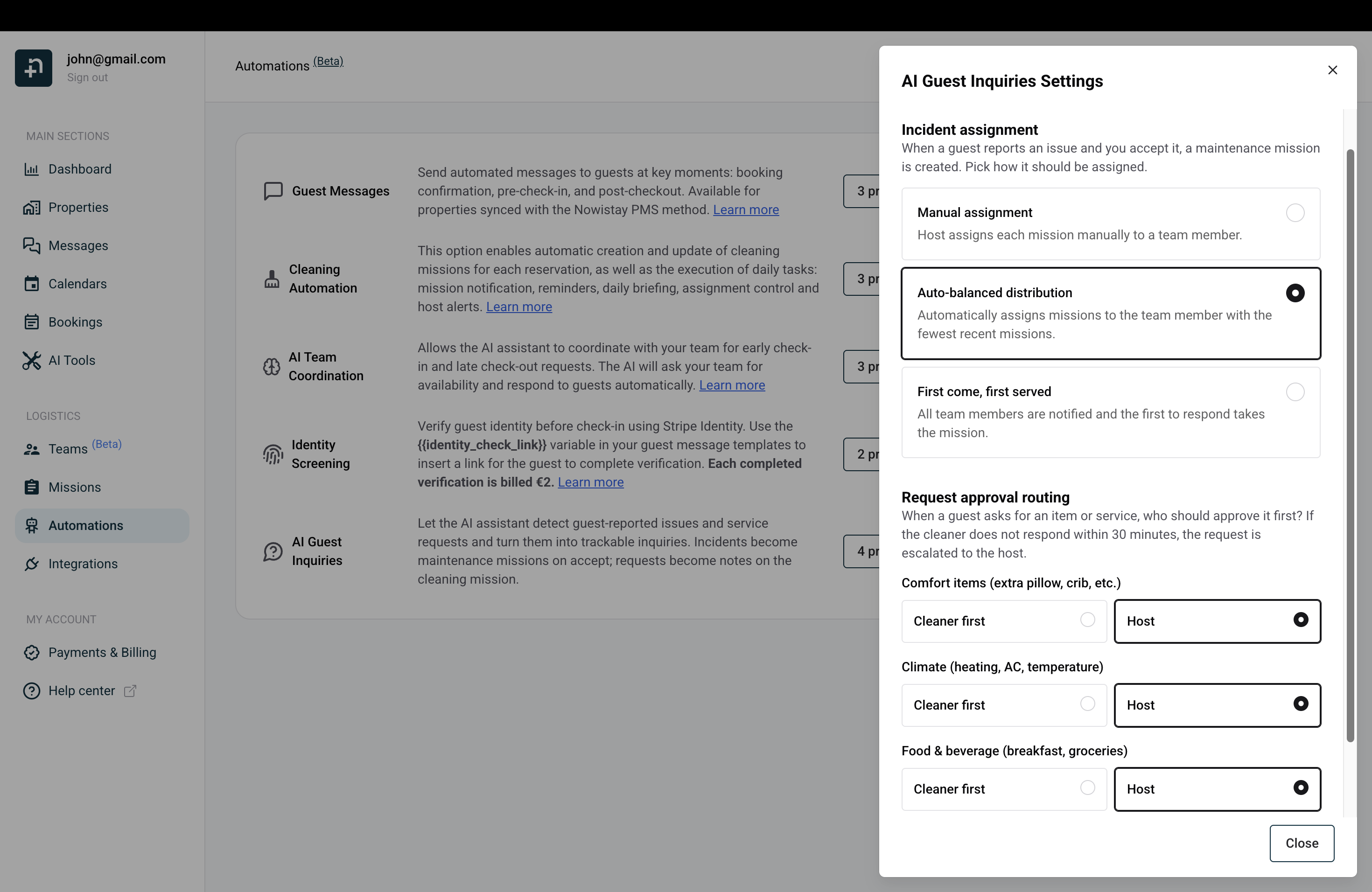 The AI Guest Inquiries settings drawer with two sections: Incident assignment and Request approval routing.