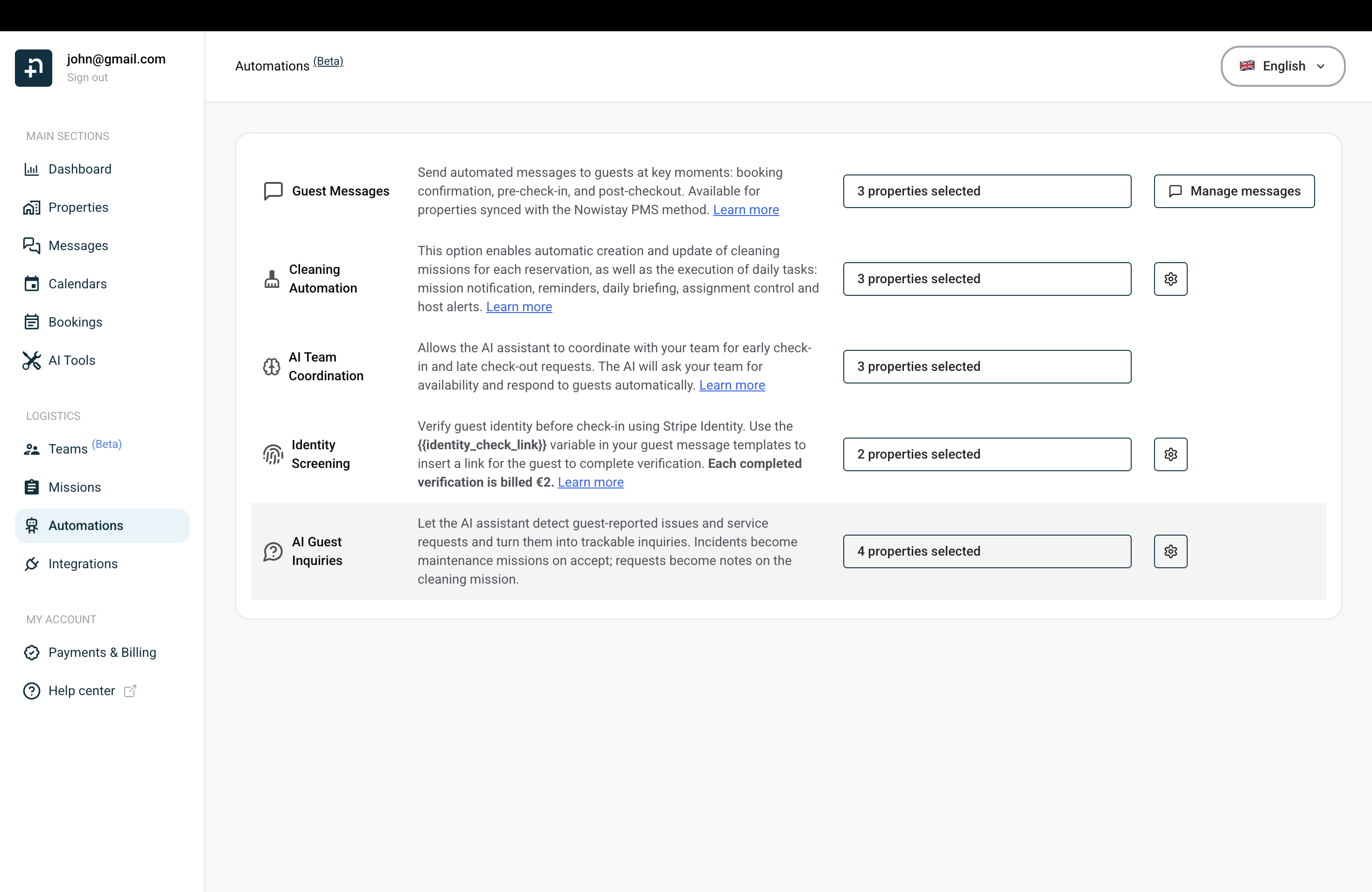 The Automations page in Nowistay showing the AI Guest Inquiries automation card next to AI Team Coordination and other automations.