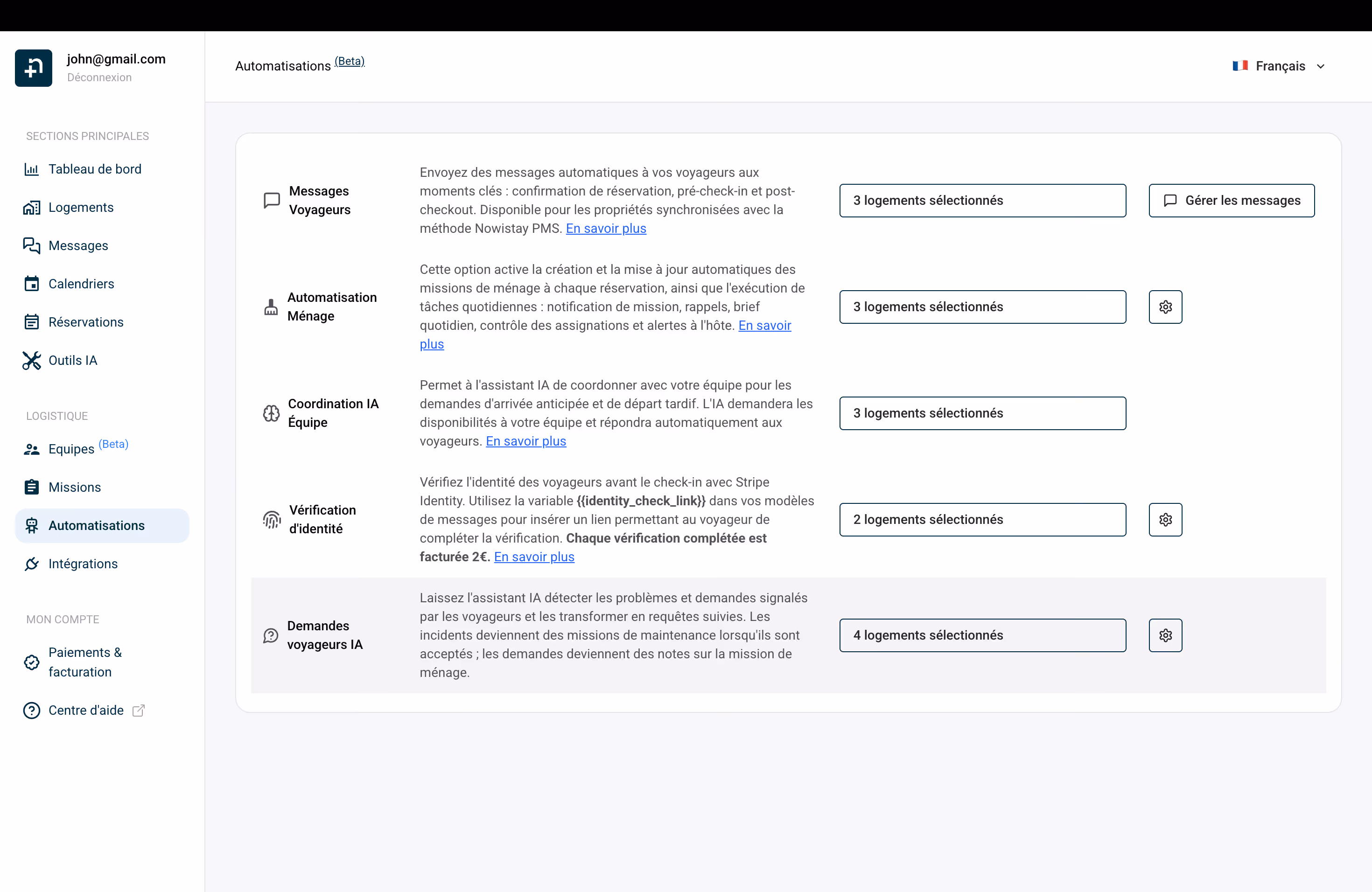 La page Automatisations de Nowistay avec la carte Demandes voyageurs IA à côté de la Coordination IA Équipe et des autres automatisations.