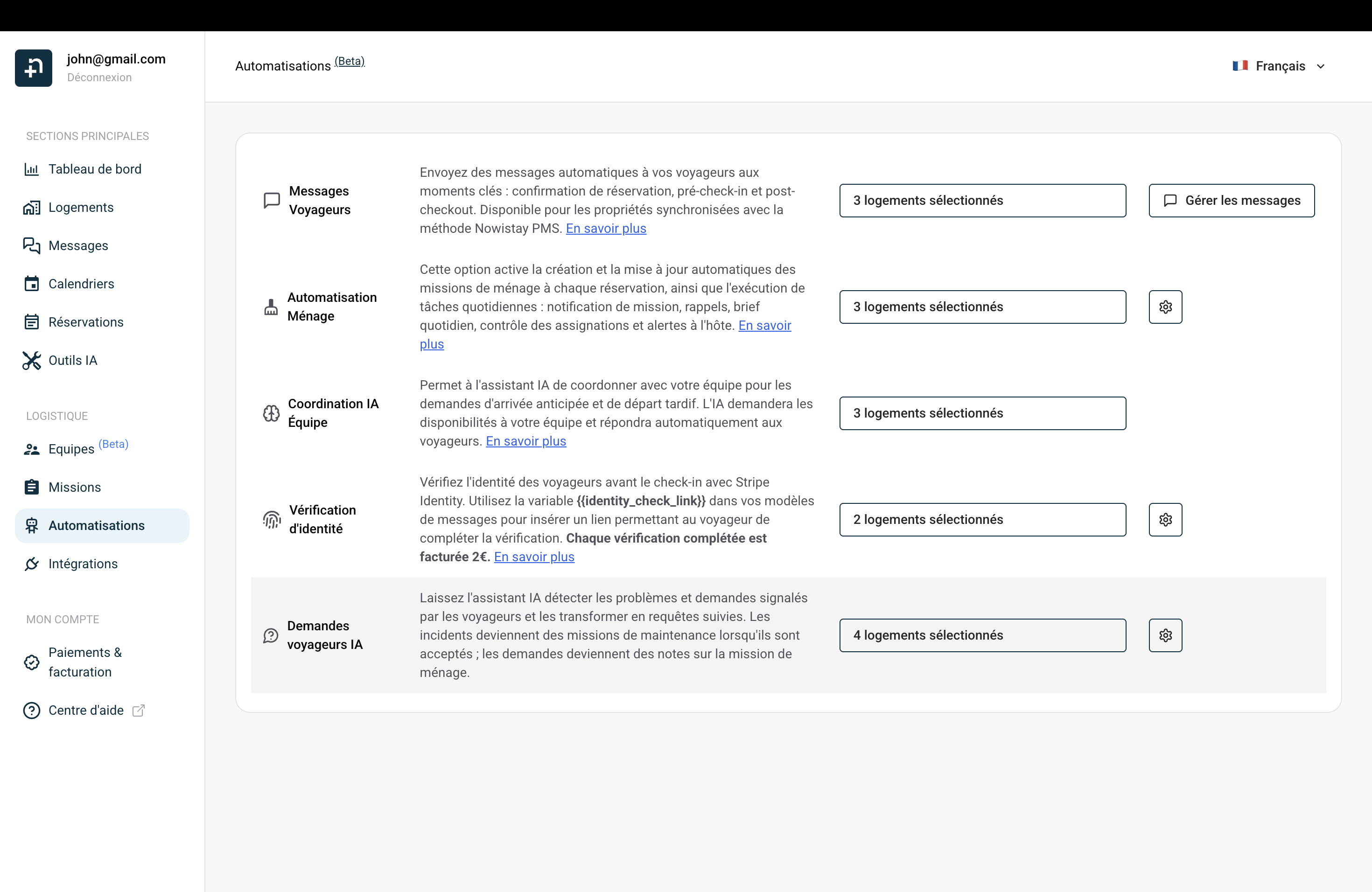 La page Automatisations de Nowistay avec la carte Demandes voyageurs IA à côté de la Coordination IA Équipe et des autres automatisations.
